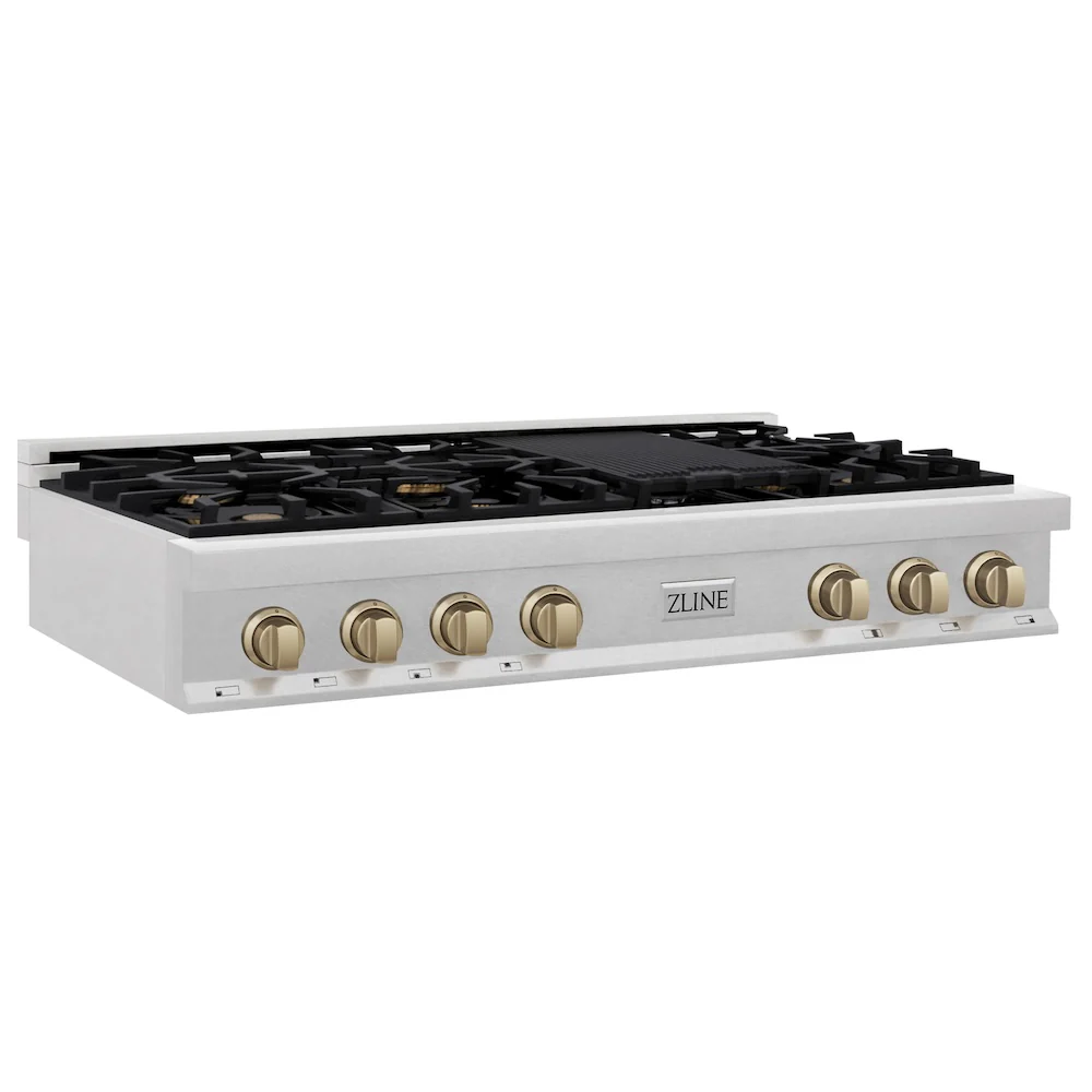ZLINE Autograph Edition 48 in. Legacy Gas Rangetop with 7 Burners and Porcelain Cooktop in Satin Stainless Steel with Champagne Bronze Accents, Open Box-Great Condition
