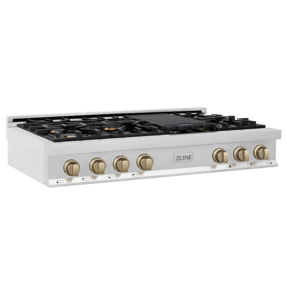 ZLINE Autograph Edition 48 in. Legacy Gas Rangetop with 7 Burners and Porcelain Cooktop in Stainless Steel with Champagne Bronze Accents, Open Box-Great Condition