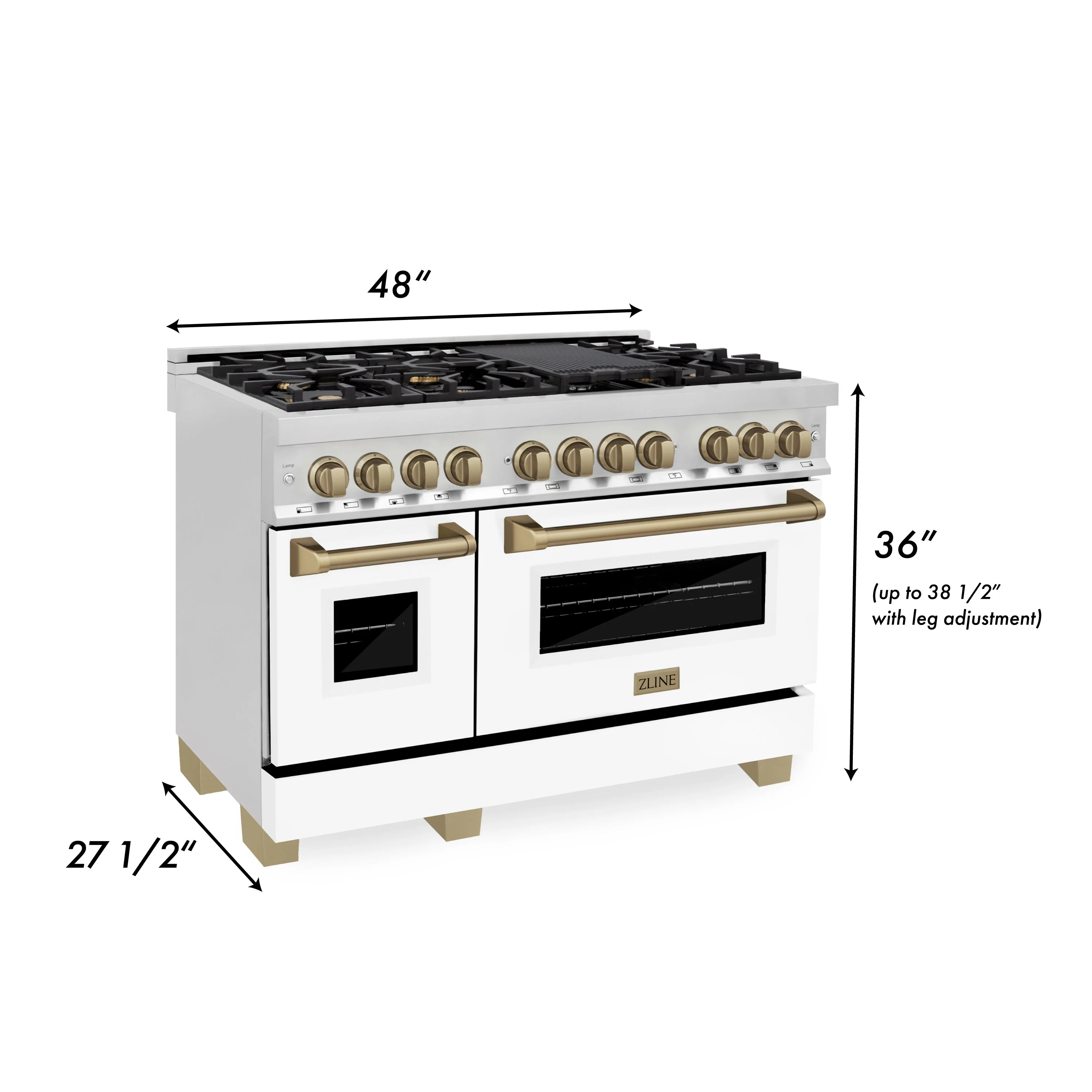 ZLINE 48 in. Autograph Edition Kitchen Package with Stainless Steel Dual Fuel Range with White Matte Door, Range Hood and Dishwasher with Champagne Bronze Accents - Image 3