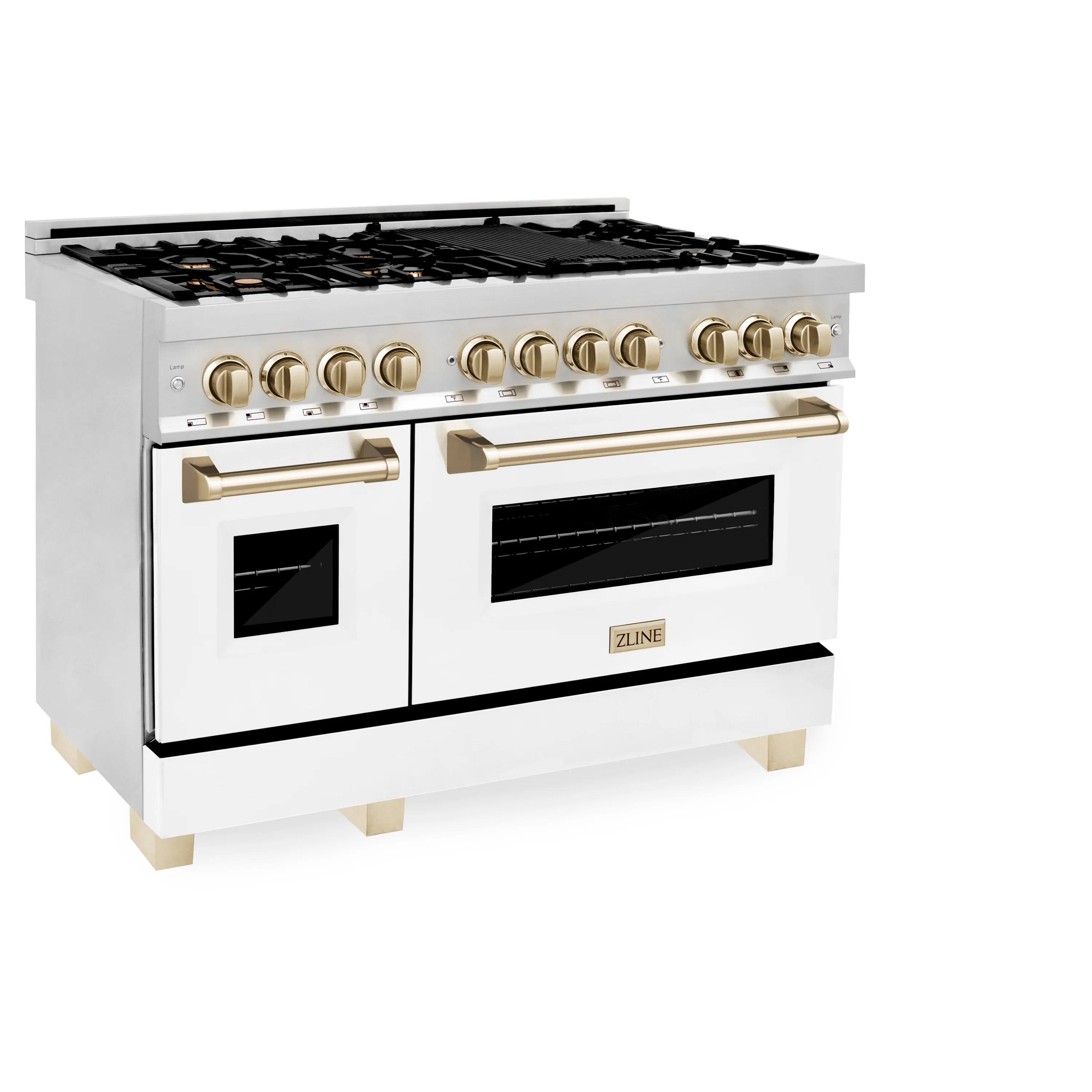ZLINE 48 in. Autograph Edition Kitchen Package with Stainless Steel Dual Fuel Range with White Matte Door, Range Hood and Dishwasher with Polished Gold Accents - Image 4