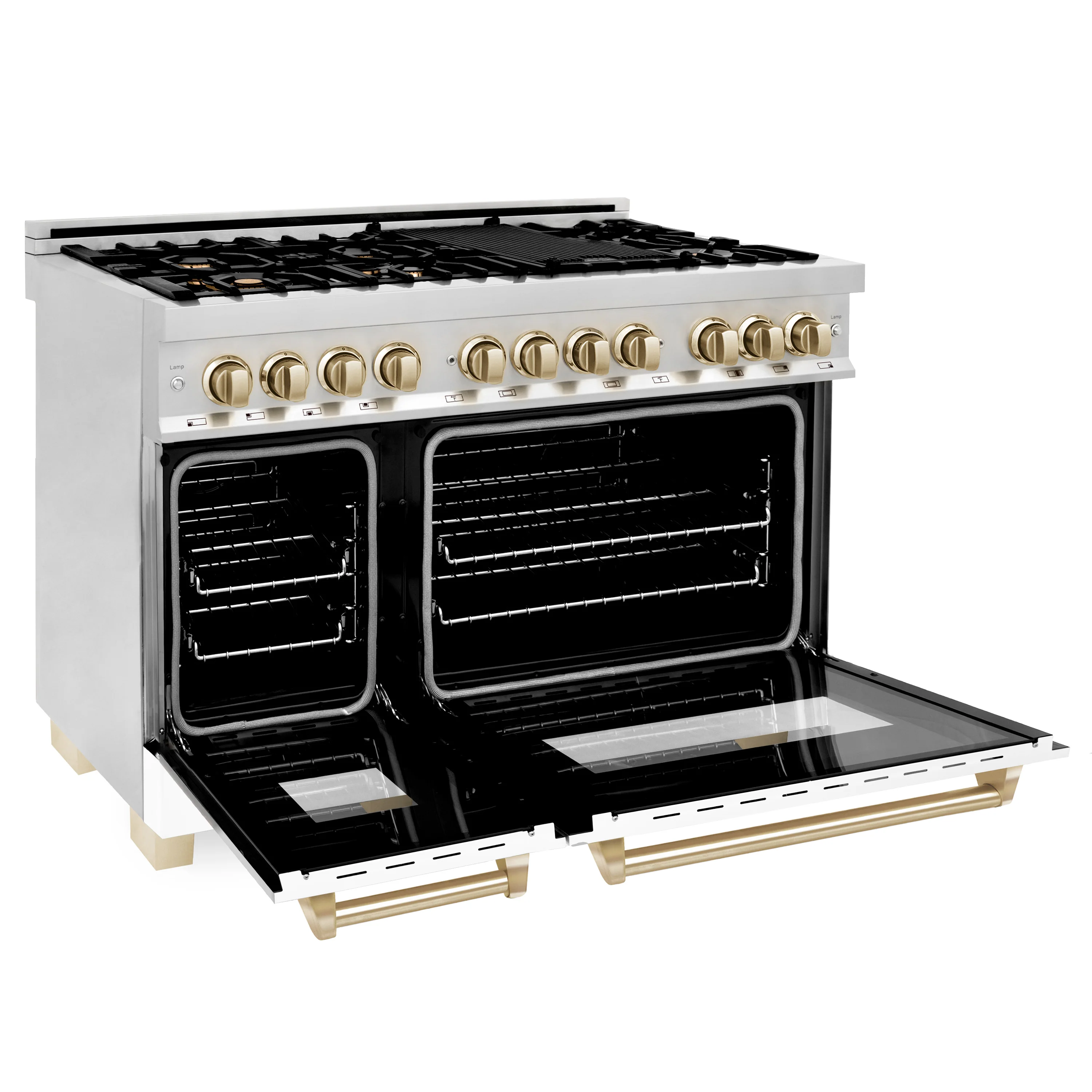ZLINE 48 in. Autograph Edition Kitchen Package with Stainless Steel Dual Fuel Range with White Matte Door, Range Hood and Dishwasher with Polished Gold Accents - Image 5
