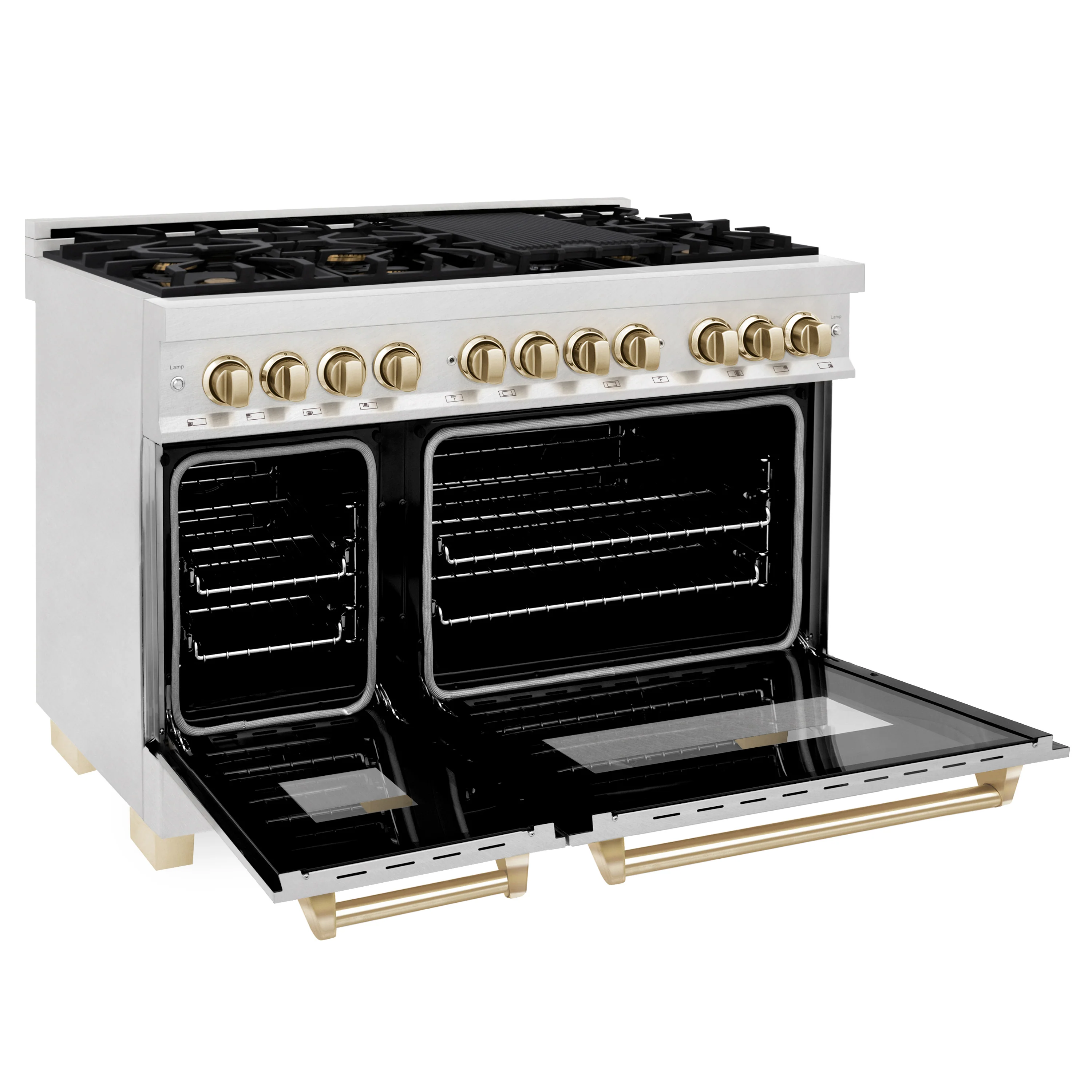 ZLINE Autograph Edition 48 in. 6.0 cu. ft. Legacy Dual Fuel Range with 7 Burner Gas Cooktop and 2 Electric Ovens in Satin Stainless Steel and Polished Gold Accents (RASZ-SN-48-G) - Image 4
