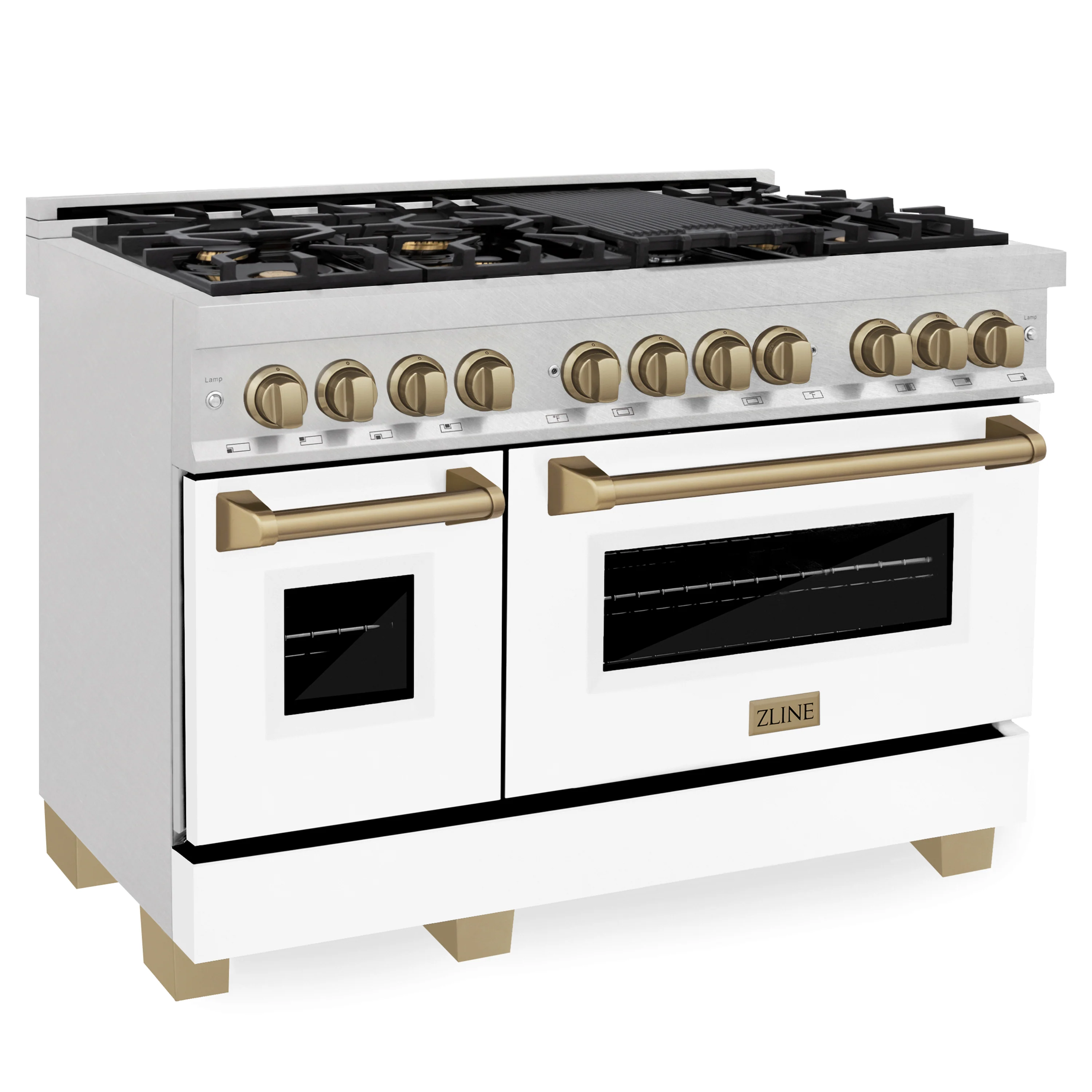 ZLINE Autograph Edition 48 in. 6.0 cu. ft. Legacy Dual Fuel Range with 7 Burner Gas Cooktop and 2 Electric Ovens in Satin Stainless Steel with White Matte Doors and Champagne Bronze Accents (RASZ-WM-48-CB) - Image 2
