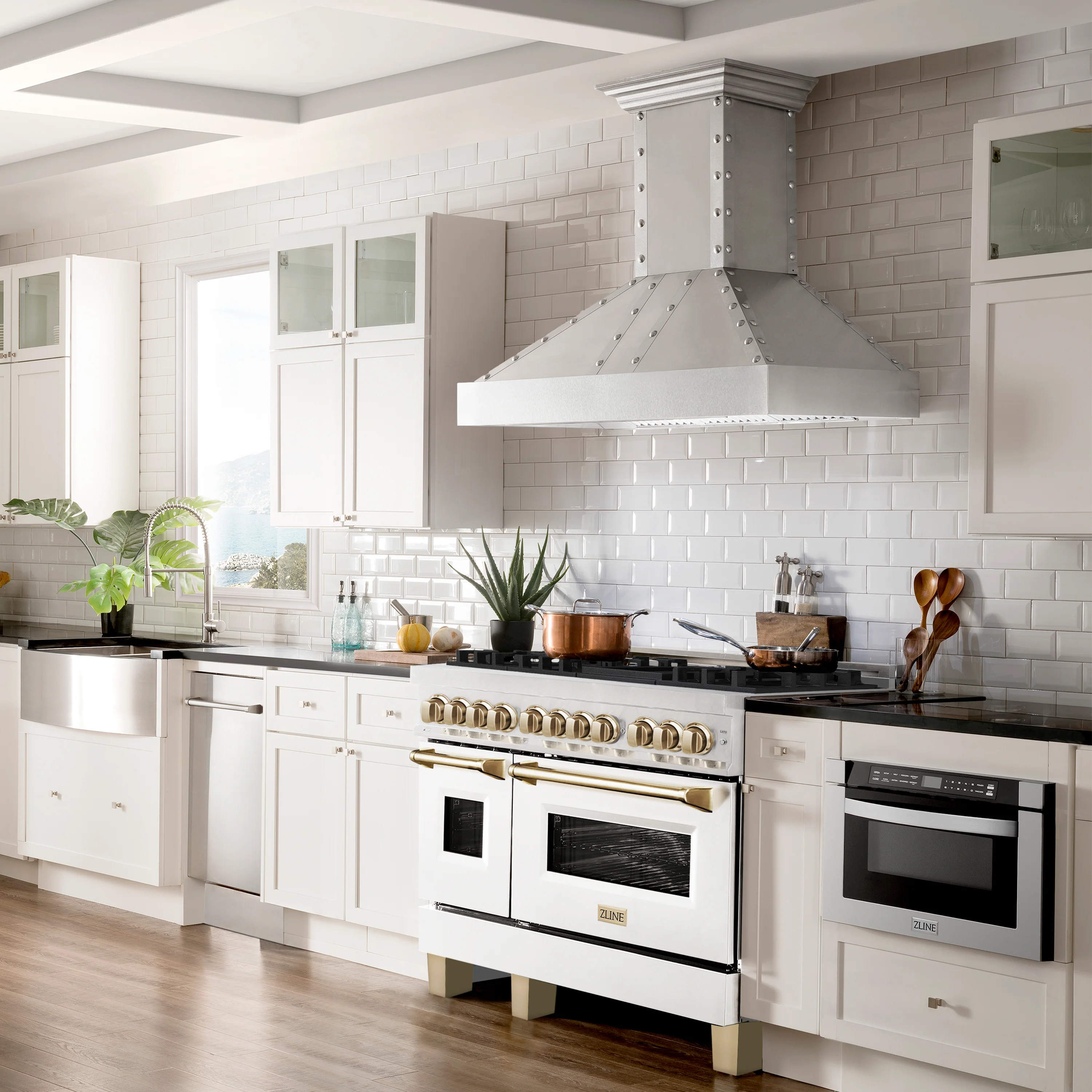 ZLINE Autograph Edition 48 in. 6.0 cu. ft. Legacy Dual Fuel Range with 7 Burner Gas Cooktop and 2 Electric Ovens in Satin Stainless Steel with White Matte Doors and Polished Gold Accents (RASZ-WM-48-G) - Image 2