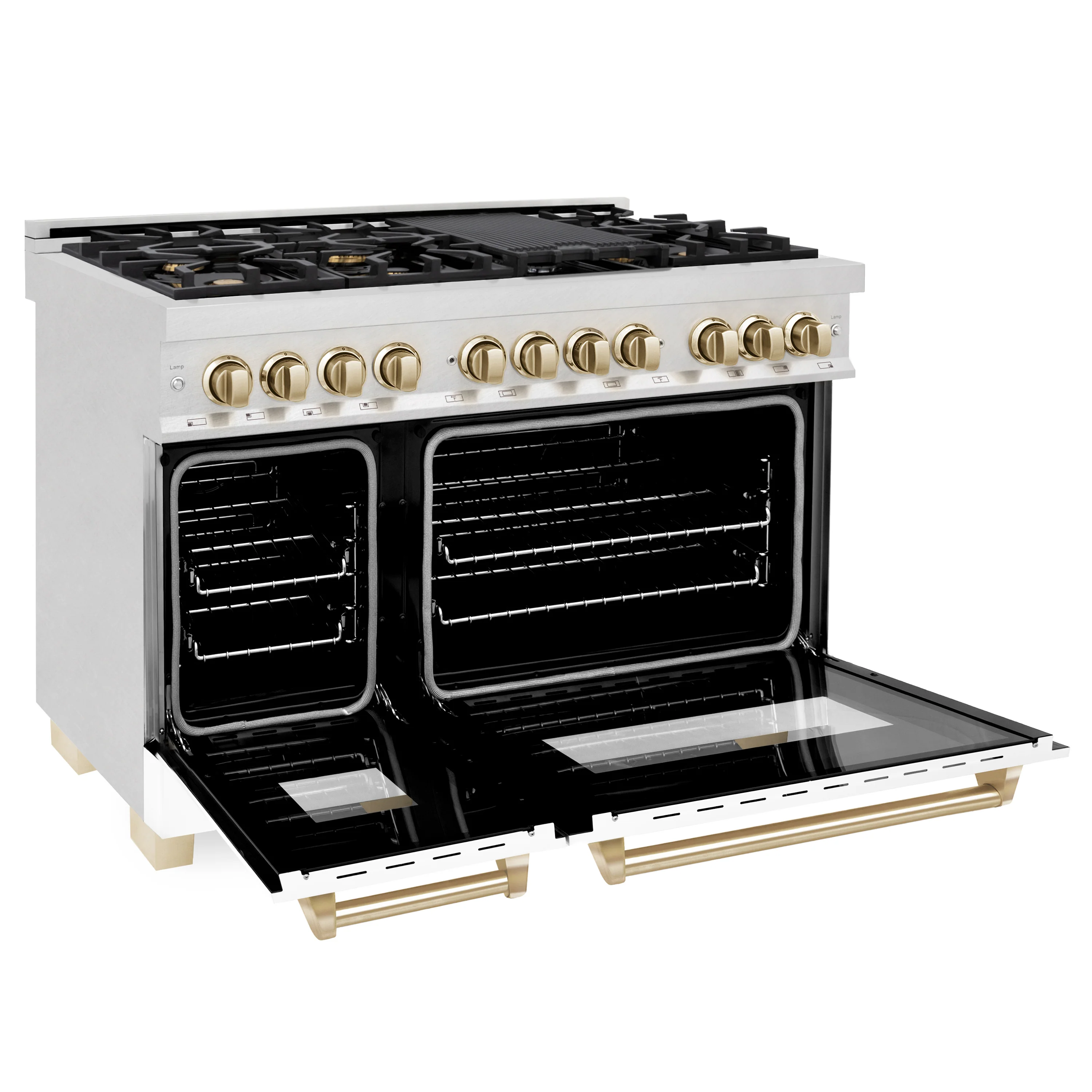 ZLINE Autograph Edition 48 in. 6.0 cu. ft. Legacy Dual Fuel Range with 7 Burner Gas Cooktop and 2 Electric Ovens in Satin Stainless Steel with White Matte Doors and Polished Gold Accents (RASZ-WM-48-G) - Image 4