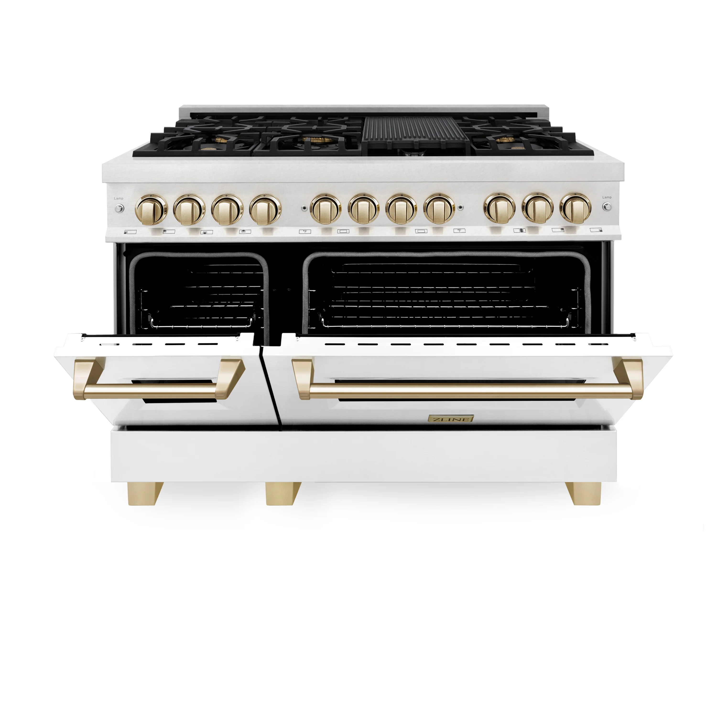 ZLINE Autograph Edition 48 in. 6.0 cu. ft. Legacy Dual Fuel Range with 7 Burner Gas Cooktop and 2 Electric Ovens in Satin Stainless Steel with White Matte Doors and Polished Gold Accents (RASZ-WM-48-G) - Image 6