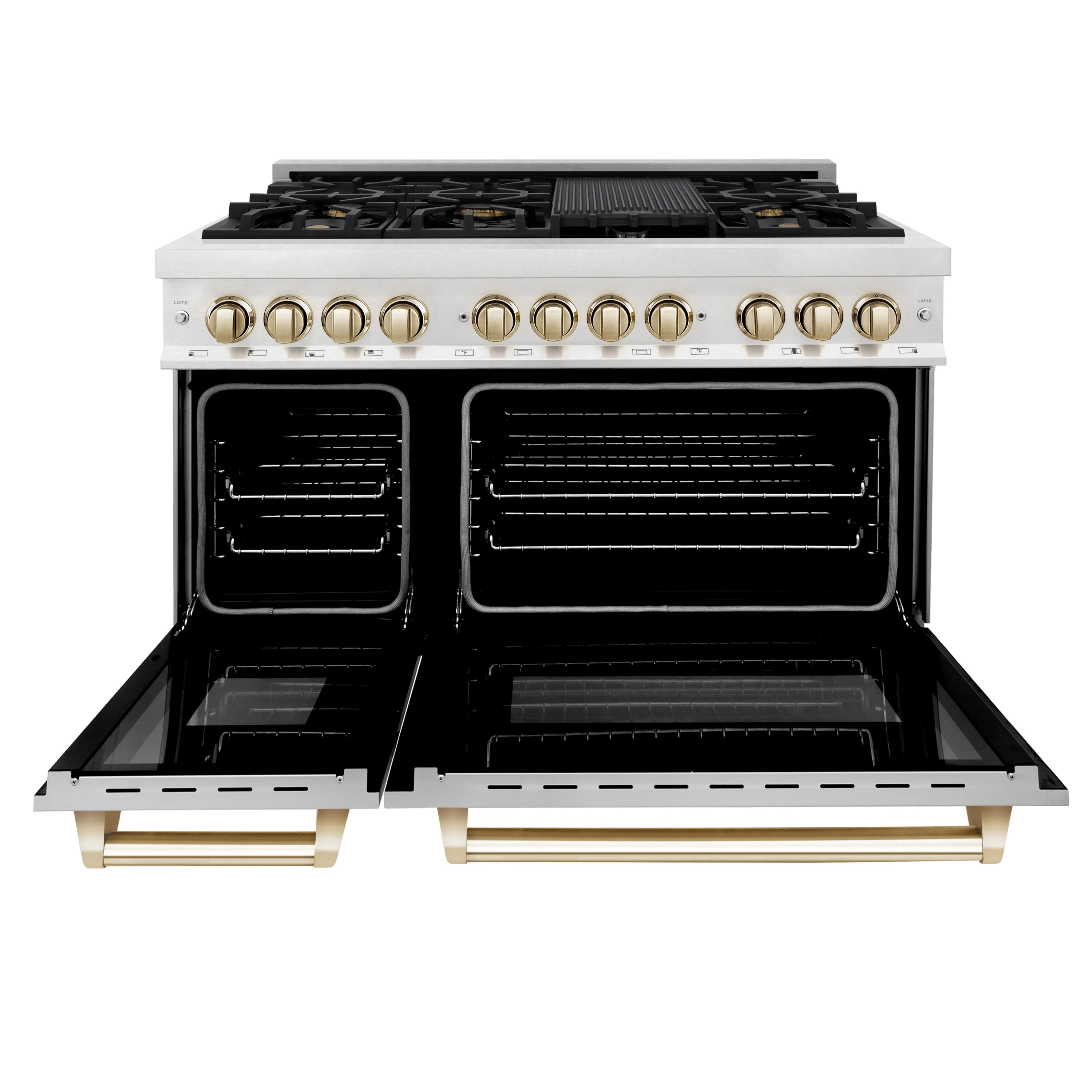 ZLINE Autograph Edition 48 in. 6.0 cu. ft. Legacy Dual Fuel Range with 7 Burner Gas Cooktop and 2 Electric Ovens in Satin Stainless Steel with White Matte Doors and Polished Gold Accents (RASZ-WM-48-G) - Image 7