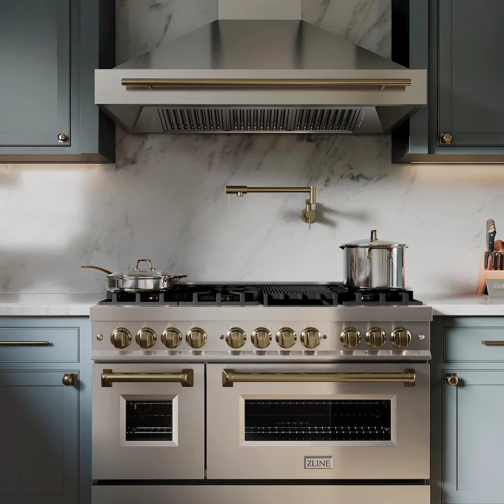 ZLINE Autograph Edition 48 in. 6.0 cu. ft. Legacy Dual Fuel Range with 7 Burner Gas Cooktop and 2 Electric Ovens in Stainless Steel and Champagne Bronze Accents (RAZ-48-CB) - Image 2
