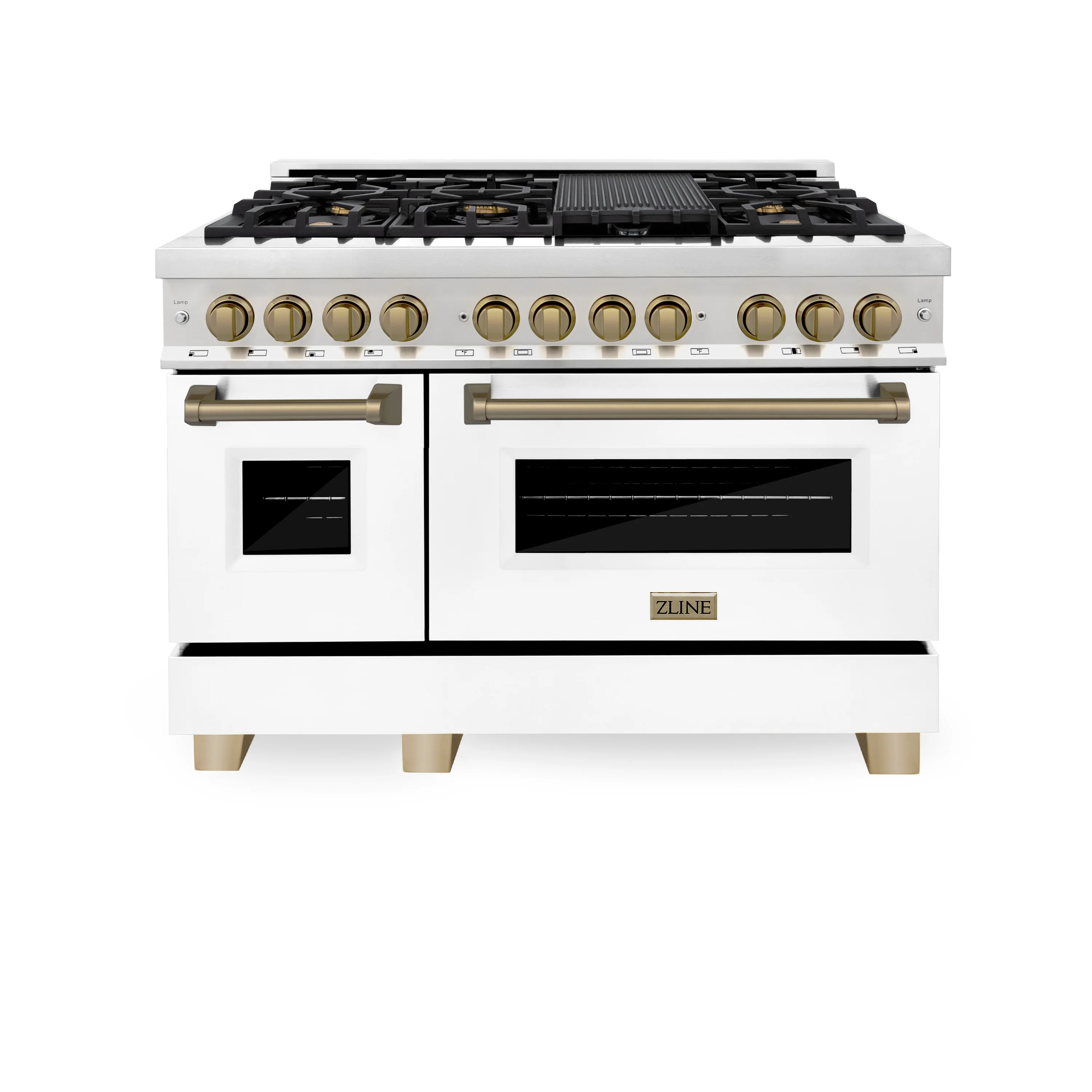 ZLINE Autograph Edition 48 in. 6.0 cu. ft. Legacy Dual Fuel Range with 7 Burner Gas Cooktop and 2 Electric Ovens in Stainless Steel with White Matte Doors and Champagne Bronze Accents (RAZ-WM-48-CB) - Image 4