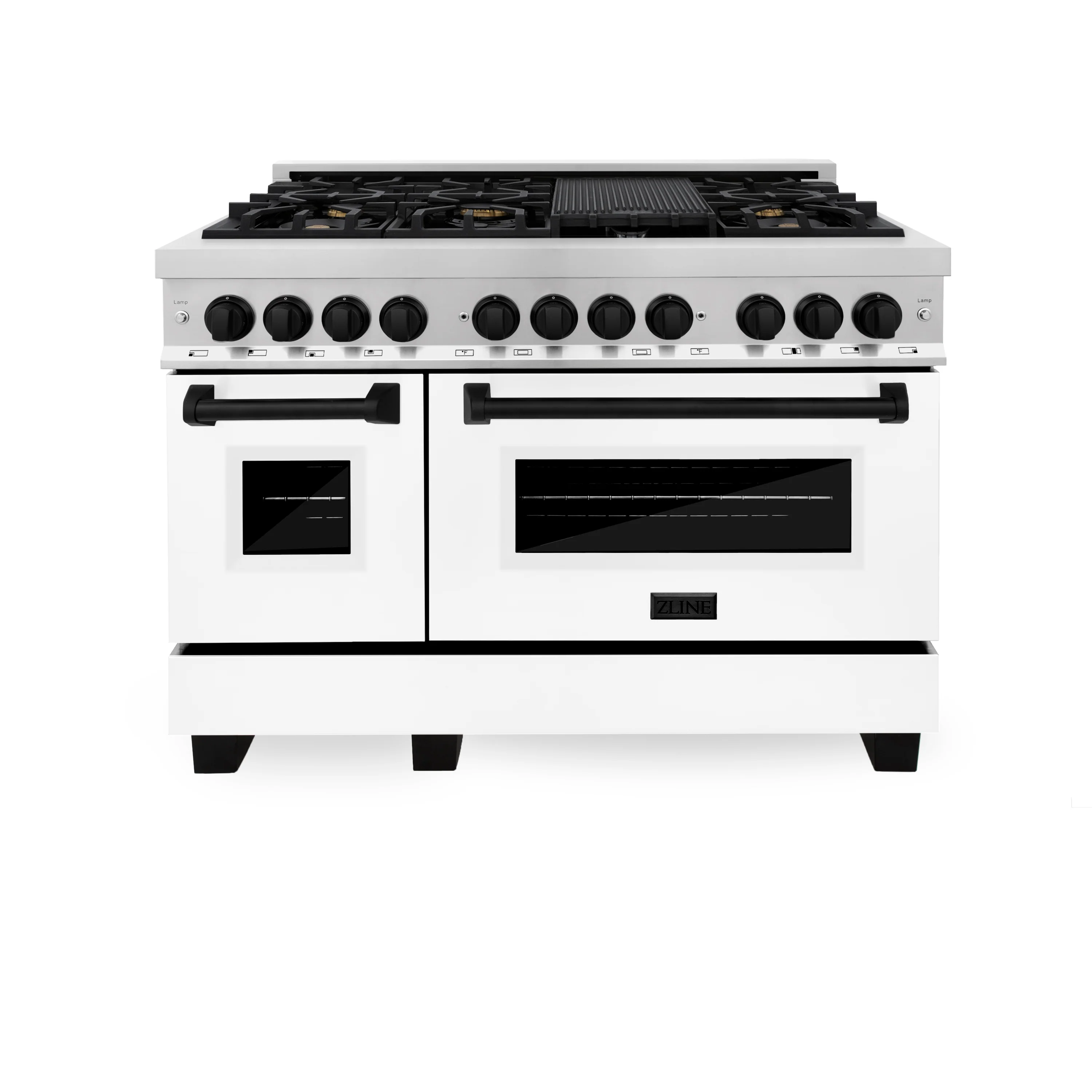 ZLINE Autograph Edition 48 in. 6.0 cu. ft. Legacy Dual Fuel Range with 7 Burner Gas Cooktop and 2 Electric Ovens in Stainless Steel with White Matte Doors and Matte Black Accents (RAZ-WM-48-MB) - Image 4