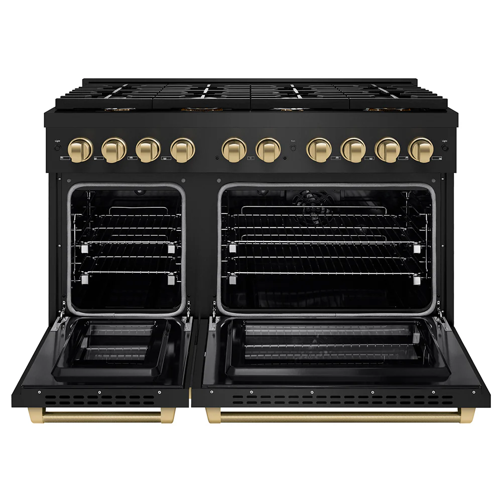 ZLINE Autograph Edition 48 in. 6.7 cu. ft. Paramount Double Oven Dual Fuel Range with 8 Burner Gas Cooktop in Black Stainless Steel and Champagne Bronze Helix Handles and Knob Accents (SDRBZ-48-KCB) - Image 4