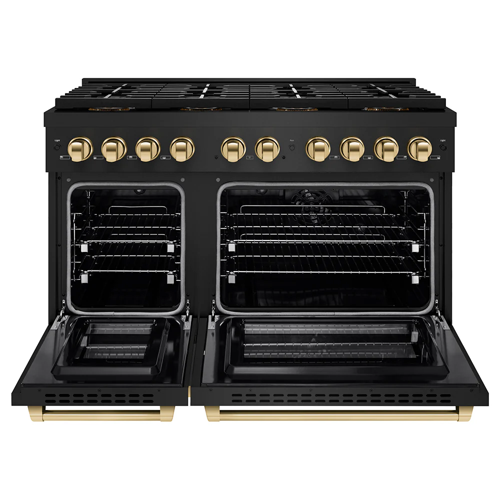 ZLINE Autograph Edition 48 in. 6.7 cu. ft. Paramount Dual Fuel Range with 8 Burner DuoPro™ Cooktop and Dual Ovens in Black Stainless Steel and Polished Gold Accents (PSDRBZ-48-G) - Image 3