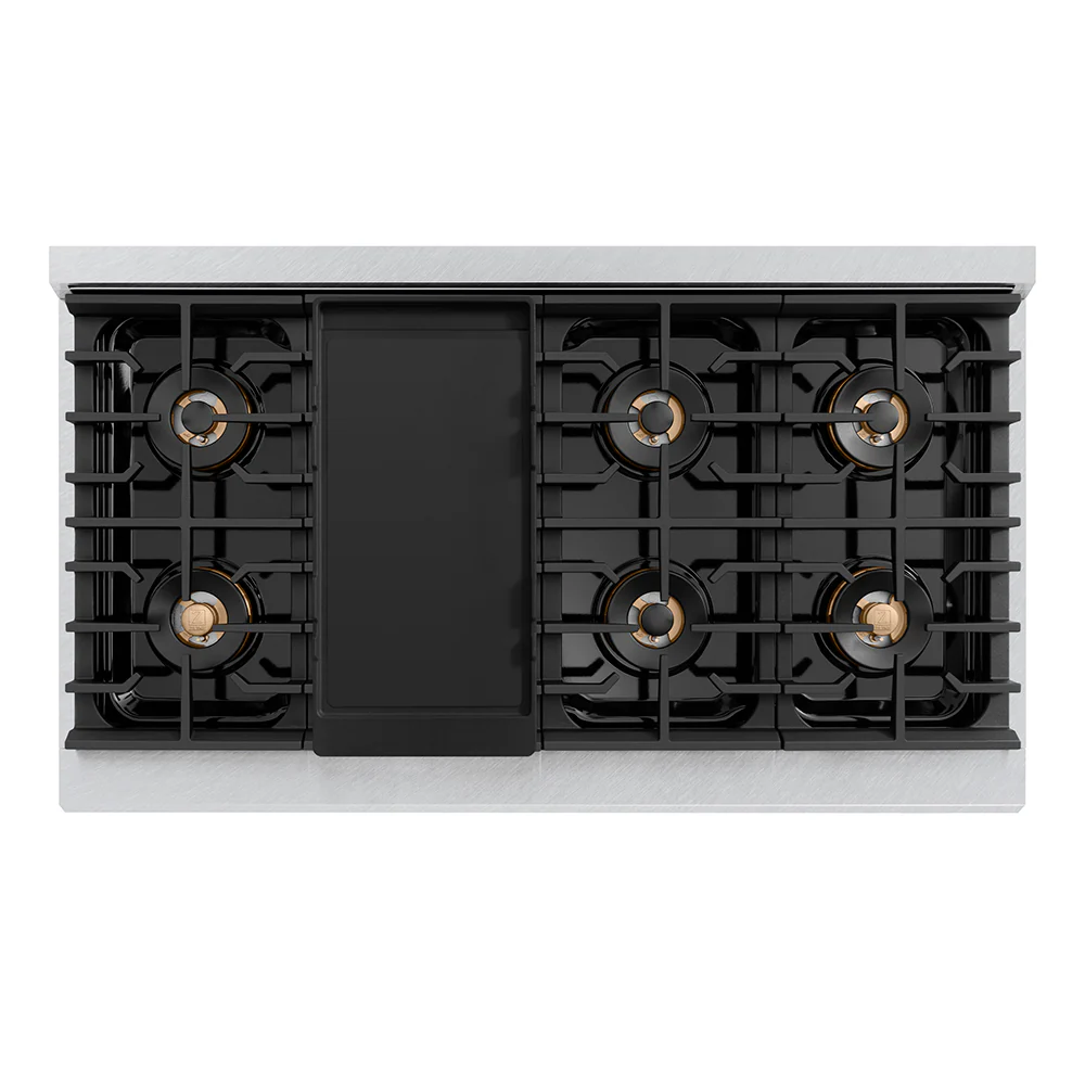 ZLINE Autograph Edition 48 in. 6.7 cu. ft. Paramount Dual Fuel Range with 8 Burner DuoPro™ Cooktop and Dual Ovens in Satin Stainless Steel with White Matte Doors and Polished Gold Accents (PSDRSZ-WM-48-G) - Image 2