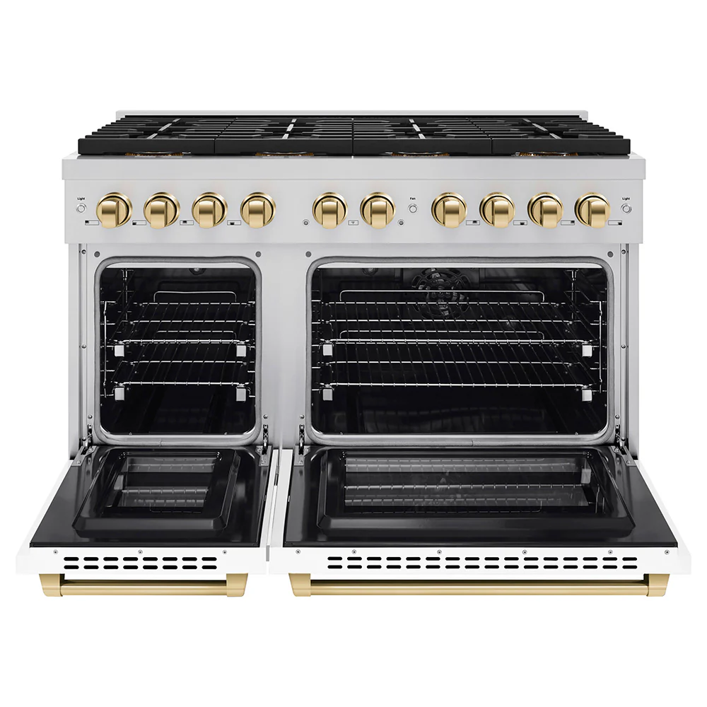 ZLINE Autograph Edition 48 in. 6.7 cu. ft. Paramount Dual Fuel Range with 8 Burner DuoPro™ Cooktop and Dual Ovens with White Matte Doors and Polished Gold Accents (PSDRZ-WM-48-G) - Image 3