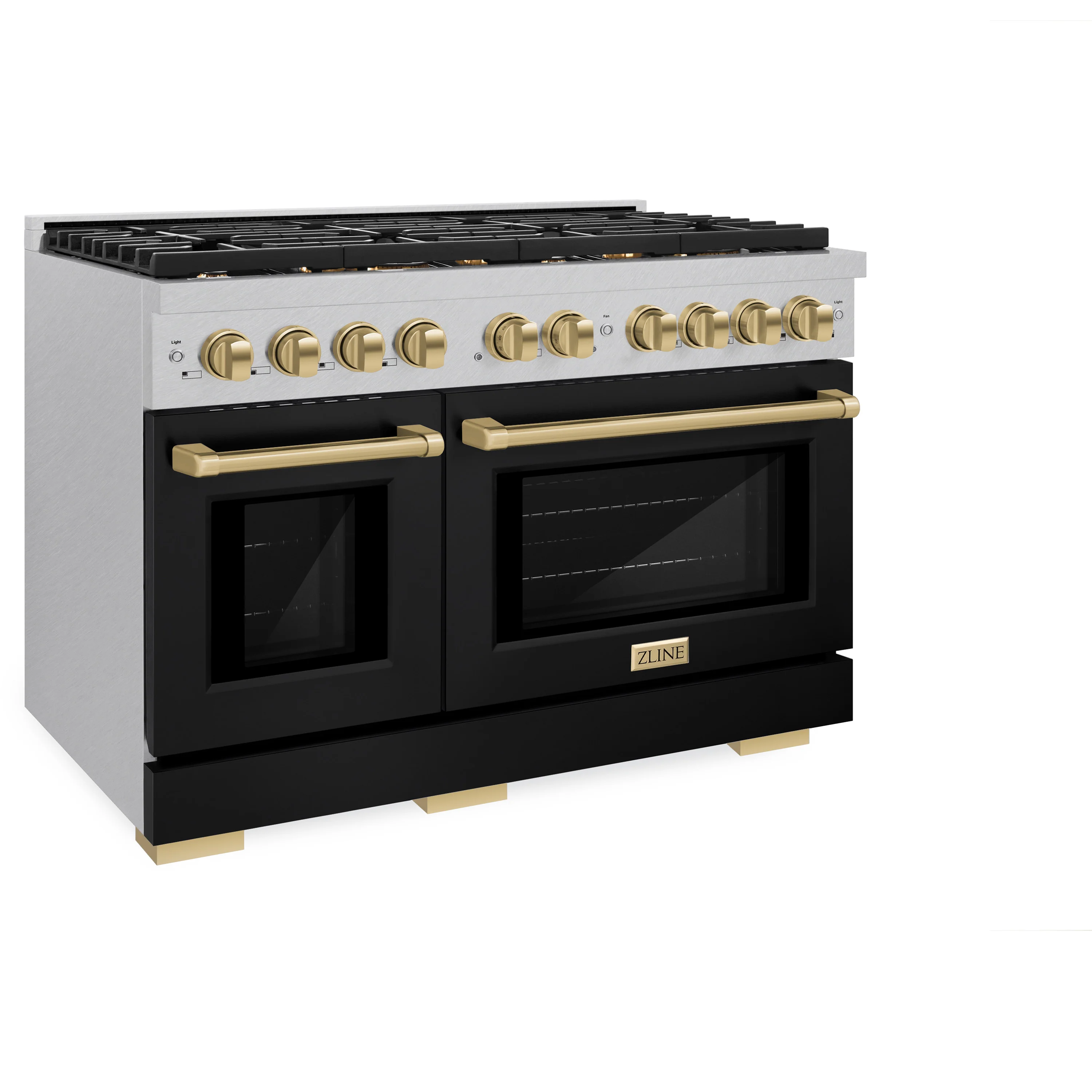 ZLINE Autograph Edition 48 in. 6.7 cu. ft. Paramount Double Oven Dual Fuel Range with 8 Burner Gas Cooktop in Satin Stainless Steel with Black Matte Doors and Champagne Bronze Accents (SDRSZ-BLM-48-CB)