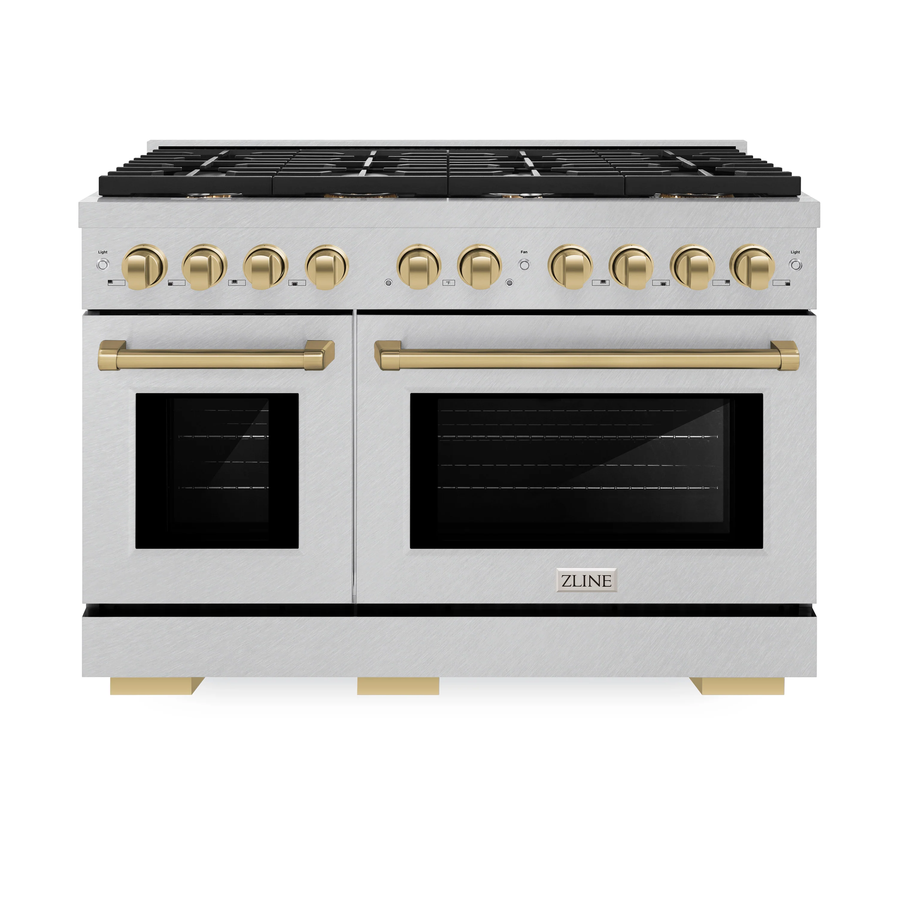 ZLINE Autograph Edition 48 in. 6.7 cu. ft. Paramount Double Oven Dual Fuel Range with 8 Burner Gas Cooktop in Satin Stainless Steel and Champagne Bronze Accents (SDRSZ-48-CB) - Image 4