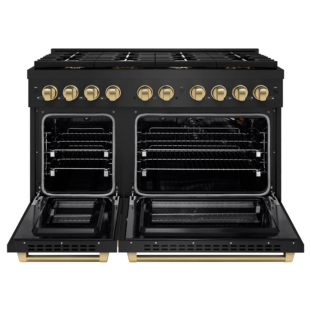 ZLINE Autograph Edition 48 in. 6.7 cu. ft. Paramount Double Oven Gas Range with 8 Burner Cooktop in Black Stainless Steel and Champagne Bronze Helix Handles and Knob Accents (SGRBZ-48-KCB) - Image 4