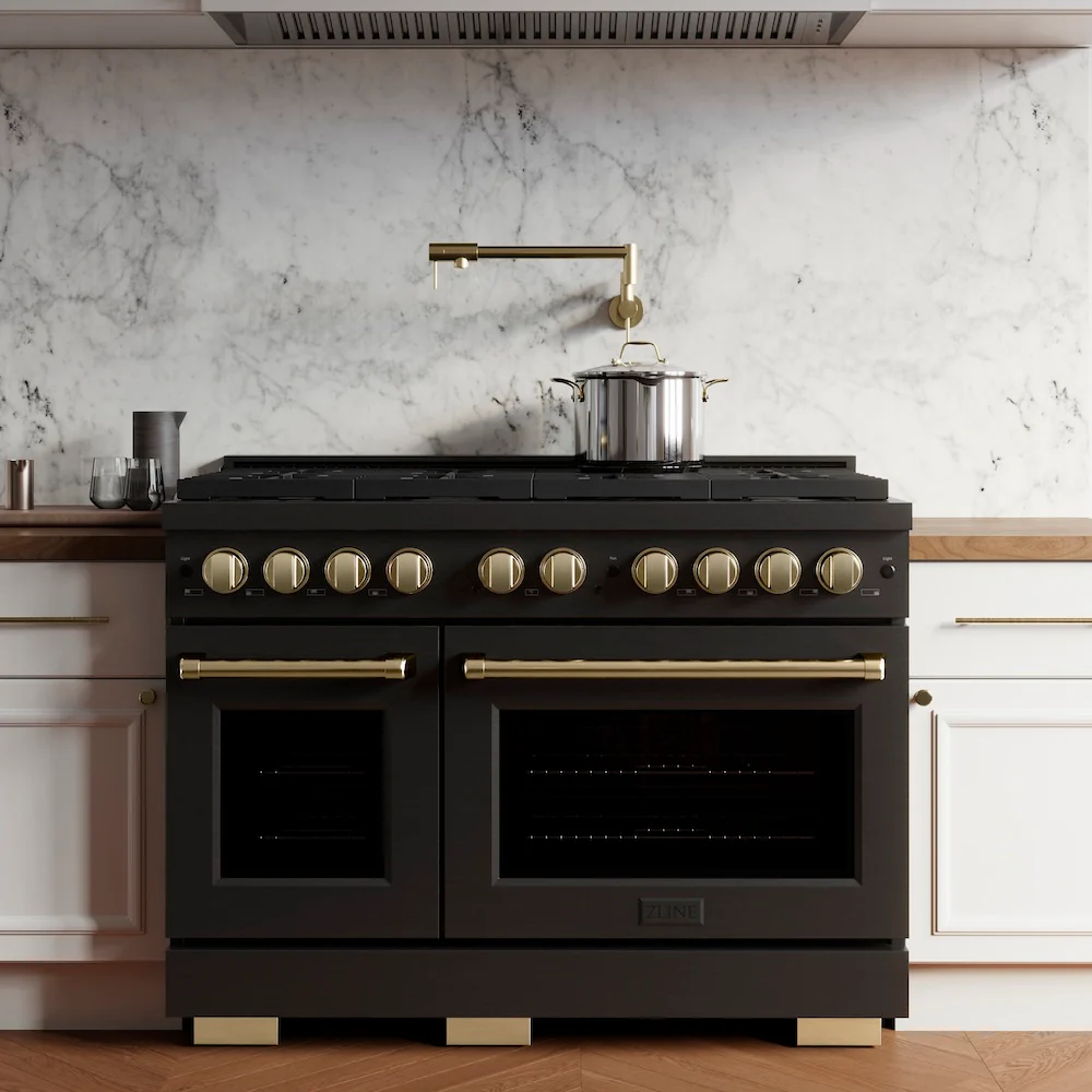 ZLINE Autograph Edition 48 in. 6.7 cu. ft. Paramount Double Oven Gas Range with 8 Burner Cooktop in Black Stainless Steel and Champagne Bronze Accents (SGRBZ-48-CB) - Image 2