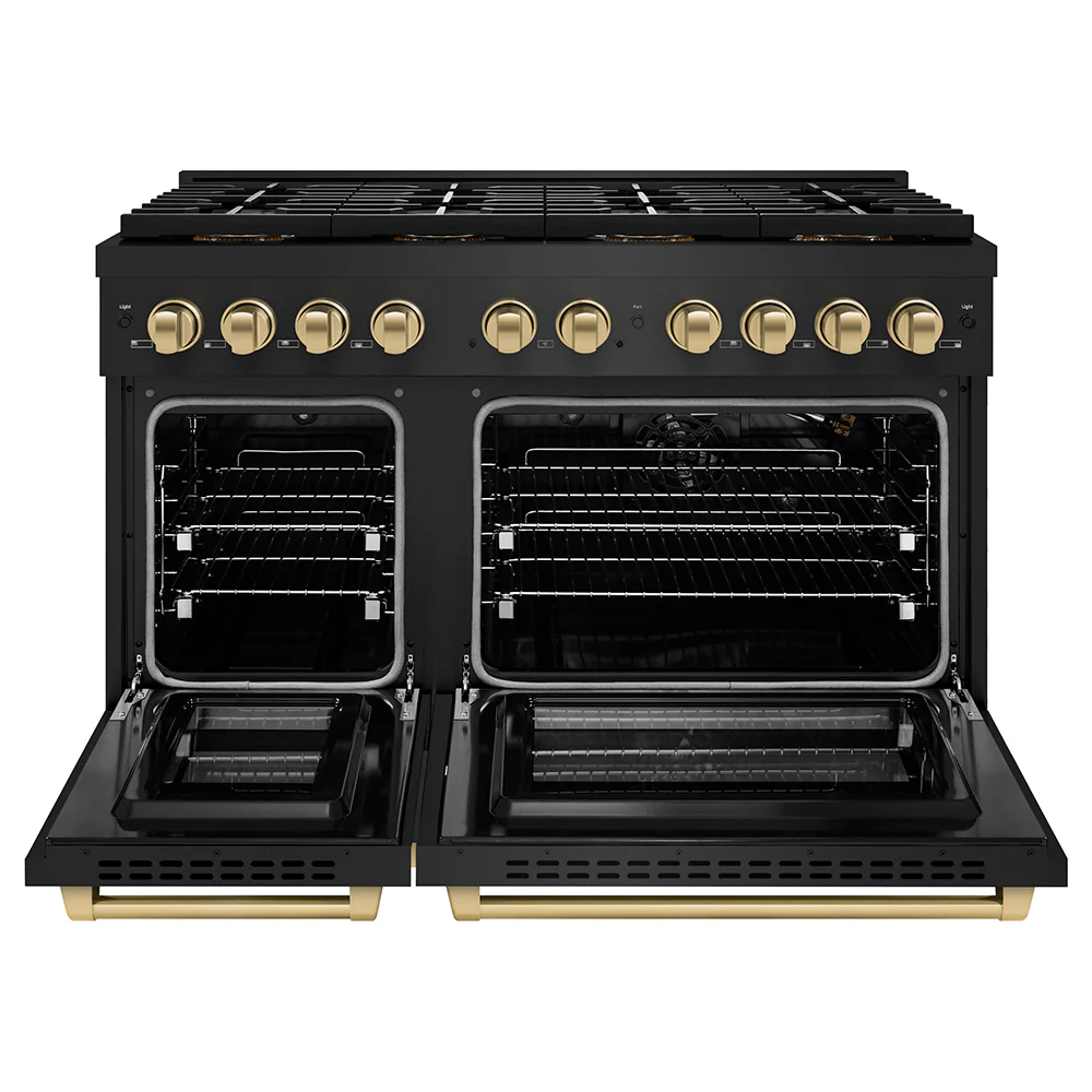 ZLINE Autograph Edition 48 in. 6.7 cu. ft. Paramount Gas Range with 8 Burner DuoPro™ Cooktop and Dual Ovens in Black Stainless Steel and Champagne Bronze Accents (PSGRBZ-48-CB) - Image 3