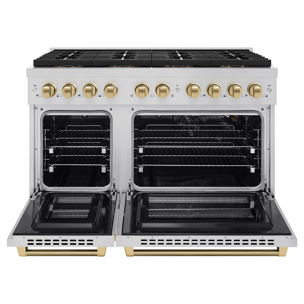 ZLINE Autograph Edition 48 in. 6.7 cu. ft. Paramount Gas Range with 8 Burner DuoPro™ Cooktop and Dual Ovens in Stainless Steel with Champagne Bronze Helix Handles and Accents (PSGRZ-48-KCB) - Image 4