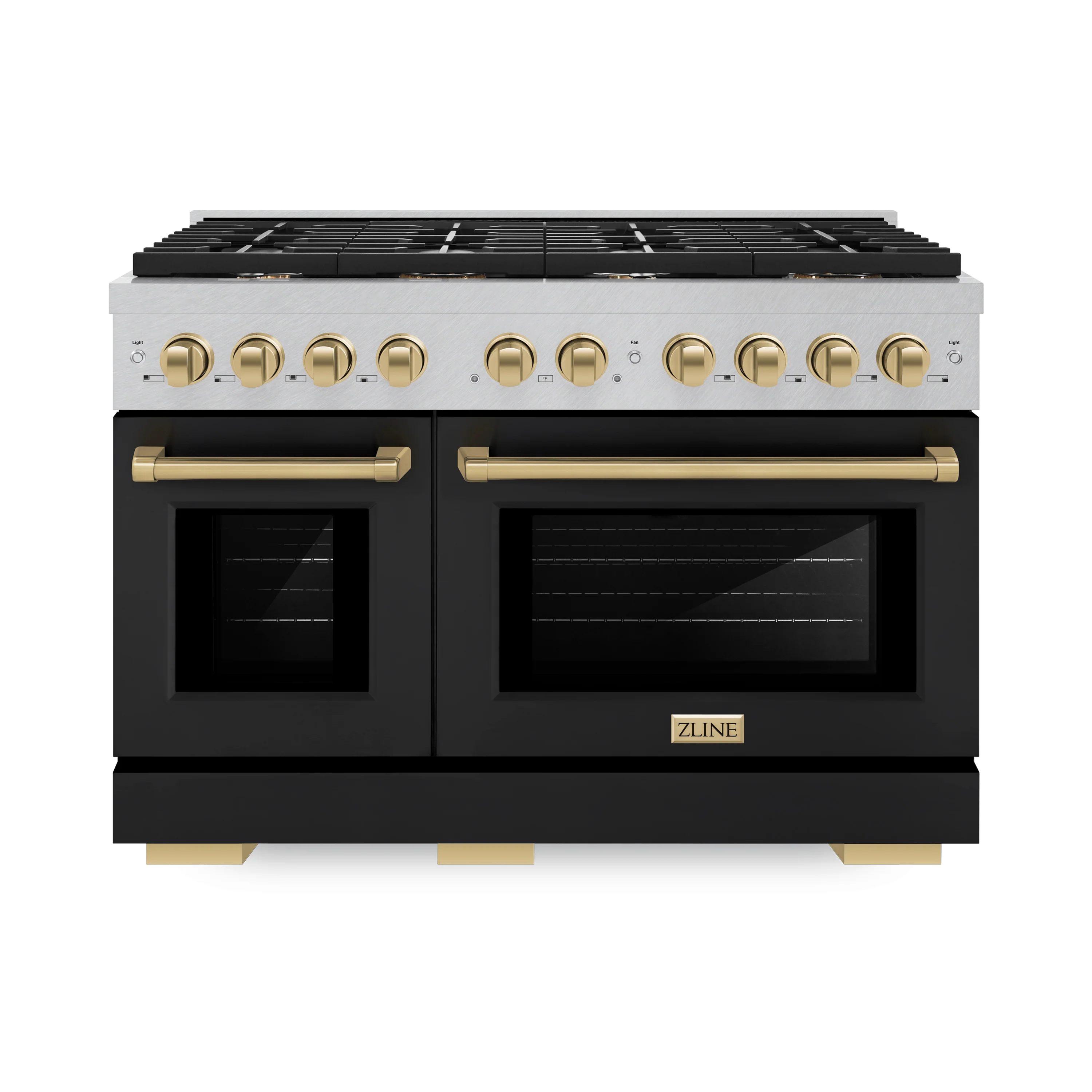 ZLINE Autograph Edition 48 in. 6.7 cu. ft. Paramount Double Oven Gas Range with 8 Burner Cooktop in Satin Stainless Steel with Black Matte Doors and Champagne Bronze Accents (SGRSZ-BLM-48-CB) - Image 4