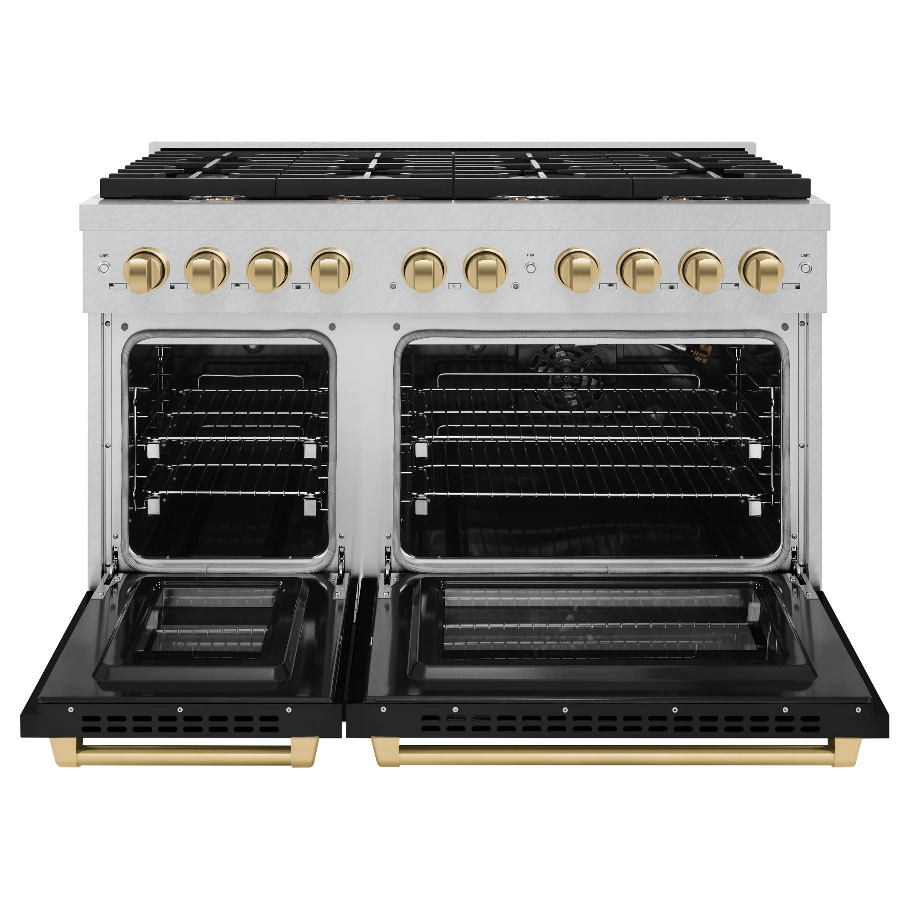 ZLINE Autograph Edition 48 in. 6.7 cu. ft. Paramount Double Oven Gas Range with 8 Burner Cooktop in Satin Stainless Steel with Black Matte Doors and Champagne Bronze Accents (SGRSZ-BLM-48-CB) - Image 6