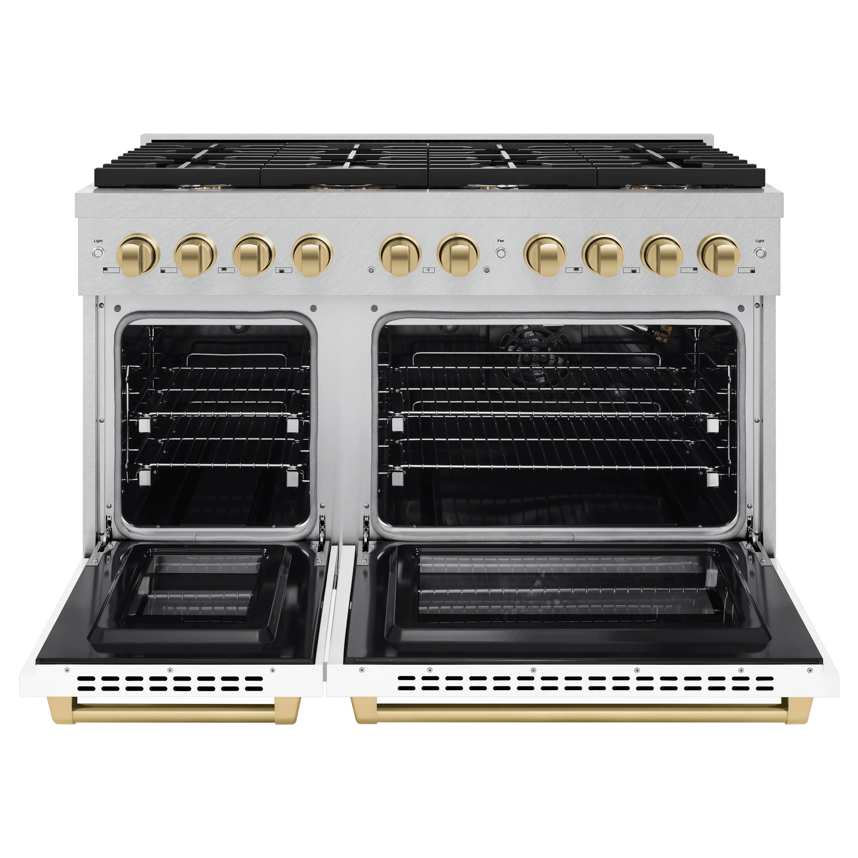 ZLINE Autograph Edition 48 in. 6.7 cu. ft. Paramount Double Oven Gas Range with 8 Burner Cooktop in Satin Stainless Steel with White Matte Doors and Champagne Bronze Accents (SGRSZ-WM-48-CB) - Image 6