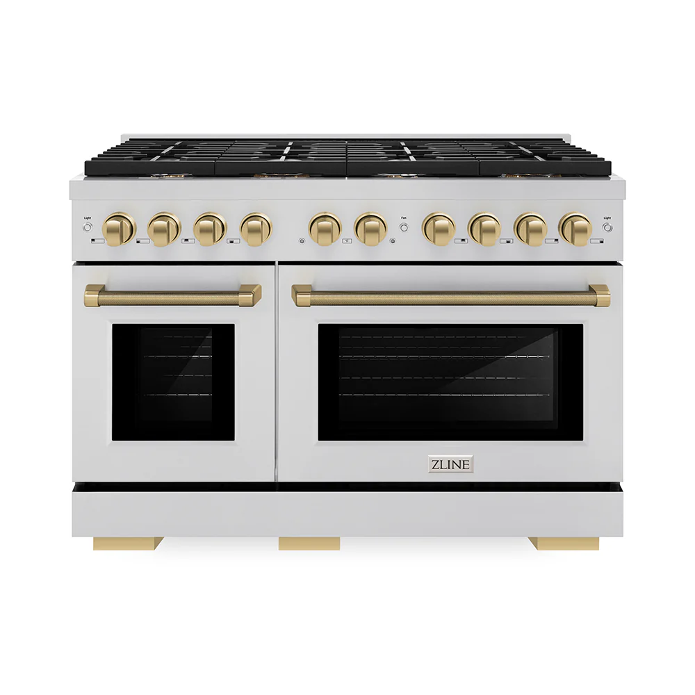 ZLINE Autograph Edition 48 in. 6.7 cu. ft. Paramount Double Oven Gas Range with 8 Burner Cooktop in Stainless Steel and Champagne Bronze Helix Handles and Knob Accents (SGRZ-48-KCB)