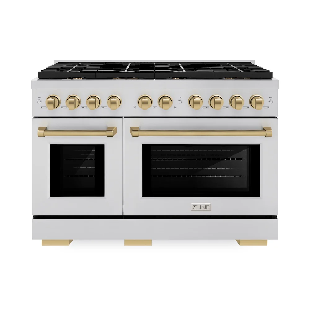 ZLINE Autograph Edition 48 in. 6.7 cu. ft. Paramount Double Oven Gas Range with 8 Burner Cooktop in Stainless Steel and Champagne Bronze Accents (SGRZ-48-CB) - Image 4