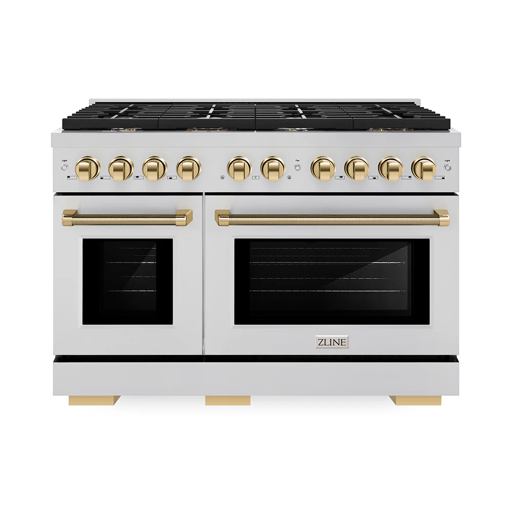 ZLINE Autograph Edition 48 in. 6.7 cu. ft. Paramount Double Oven Gas Range with 8 Burner Cooktop in Stainless Steel and Polished Gold Helix Handles and Knob Accents (SGRZ-48-KG)