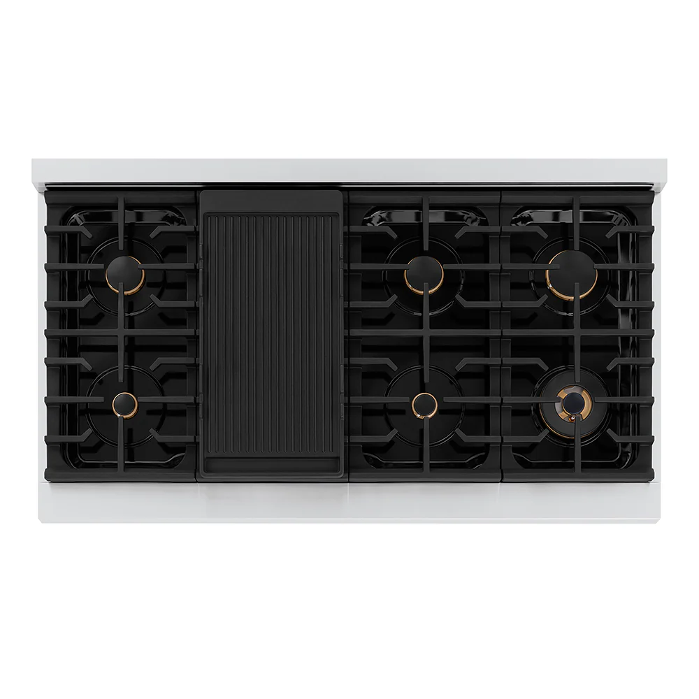 ZLINE Autograph Edition 48 in. 6.7 cu. ft. Paramount Double Oven Gas Range with 8 Burner Cooktop in Stainless Steel and Polished Gold Helix Handles and Knob Accents (SGRZ-48-KG) - Image 3