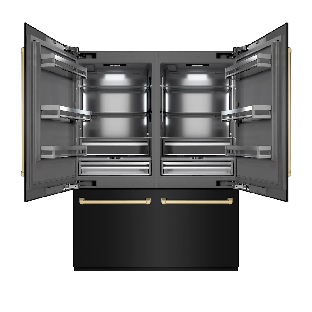 ZLINE Autograph Edition 60 in. 32.2 cu. ft. French Door Built-In Bottom Freezer Refrigerator with Water Dispenser and Ice Maker in Black Stainless Steel with Graphite Gray Interior and Champagne Bronze Accents (GRBIVZ-BS-60-CB)