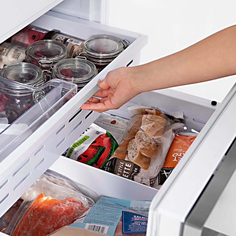 ZLINE Autograph Edition 60 in. 32.2 cu. ft. French Door Built-In Bottom Freezer Refrigerator with Water Dispenser and Ice Maker in Stainless Steel with Champagne Bronze Accents (RBIVZ-304-60-CB) - Image 9