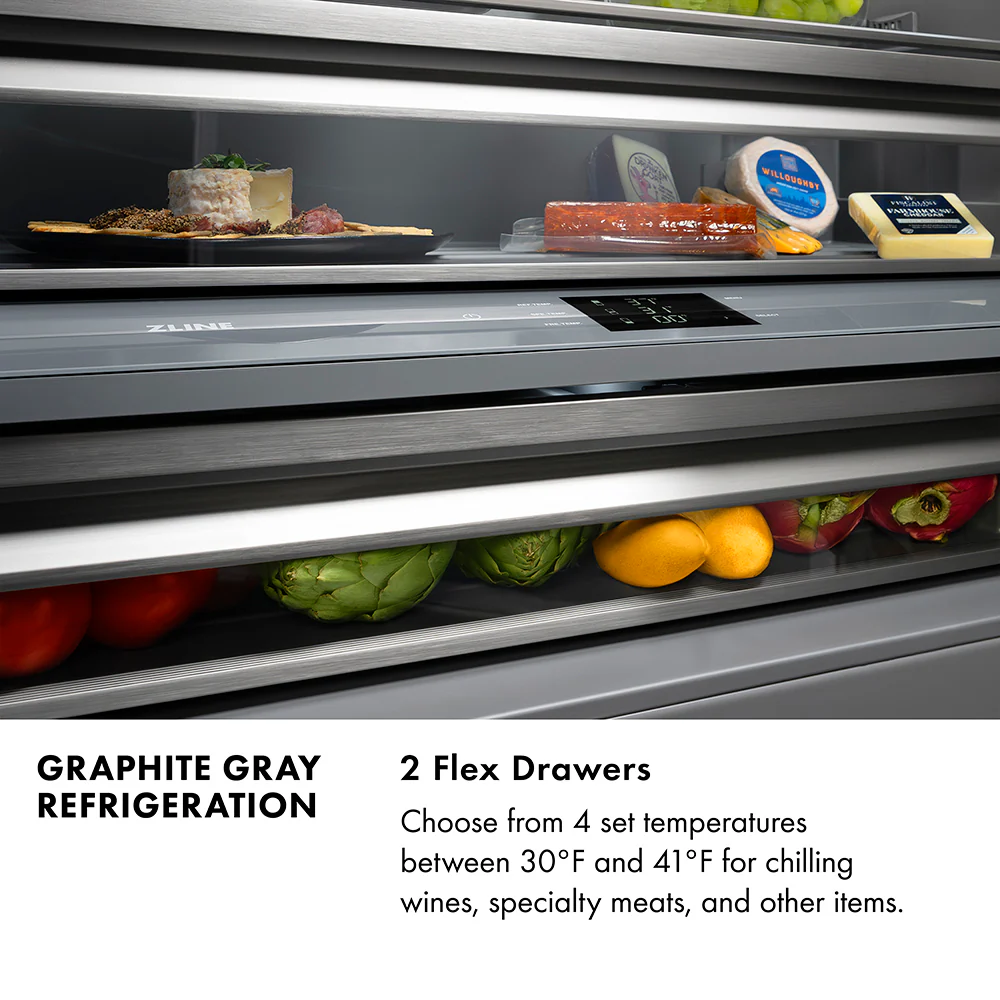 ZLINE Autograph Edition 60 in. 32.2 cu. ft. French Door Built-In Bottom Freezer Refrigerator with Water Dispenser and Ice Maker in Stainless Steel with Graphite Gray Interior and Champagne Bronze Helix Handles (GRBIVZ-30460KCB) - Image 20