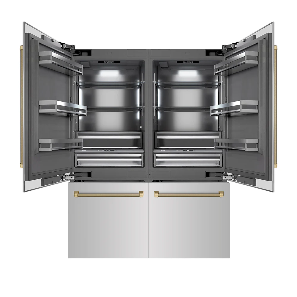 ZLINE Autograph Edition 60 in. 32.2 cu. ft. French Door Built-In Bottom Freezer Refrigerator with Water Dispenser and Ice Maker in Stainless Steel with Graphite Gray Interior and Champagne Bronze Helix Handles (GRBIVZ-30460KCB) - Image 4
