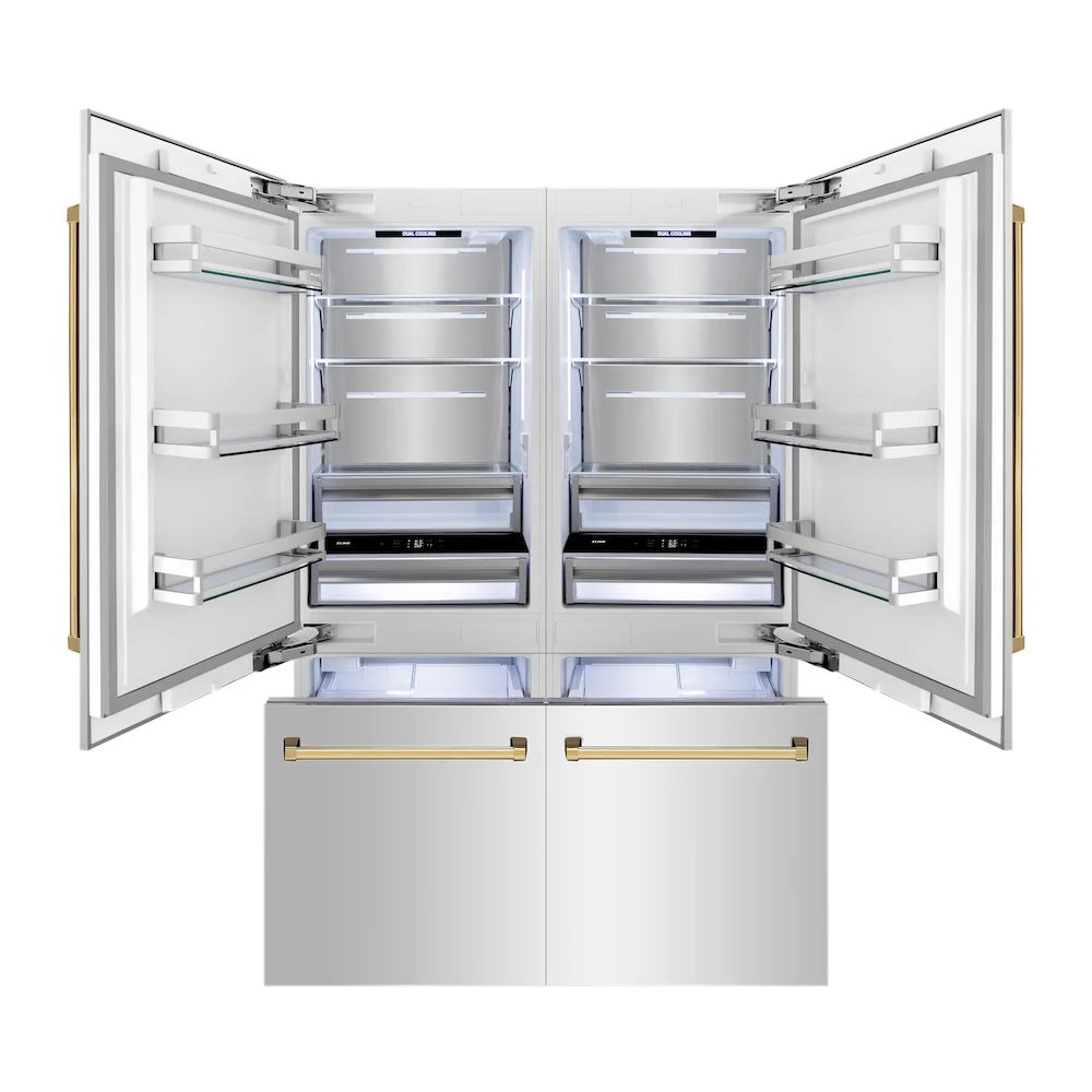ZLINE Autograph Edition 60 in. 32.2 cu. ft. French Door Built-In Bottom Freezer Refrigerator with Water Dispenser and Ice Maker in Stainless Steel with Polished Gold Accents (RBIVZ-304-60-G) - Image 3