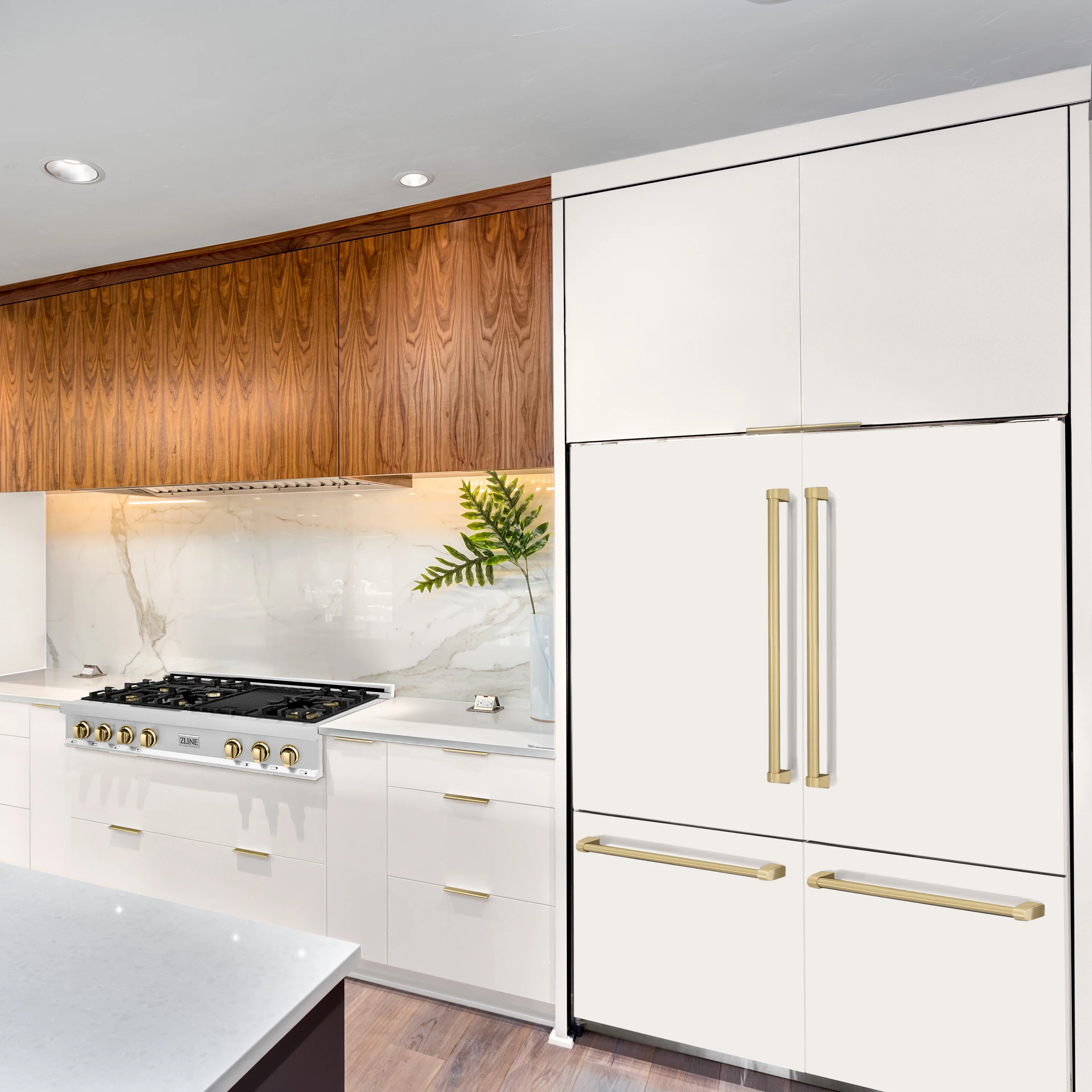 ZLINE Autograph Edition 60 in. 32.2 cu. ft. French Door Built-In Bottom Freezer Refrigerator with Water Dispenser and Ice Maker in White Matte with Champagne Bronze Accents (RBIVZ-WM-60-CB) - Image 2