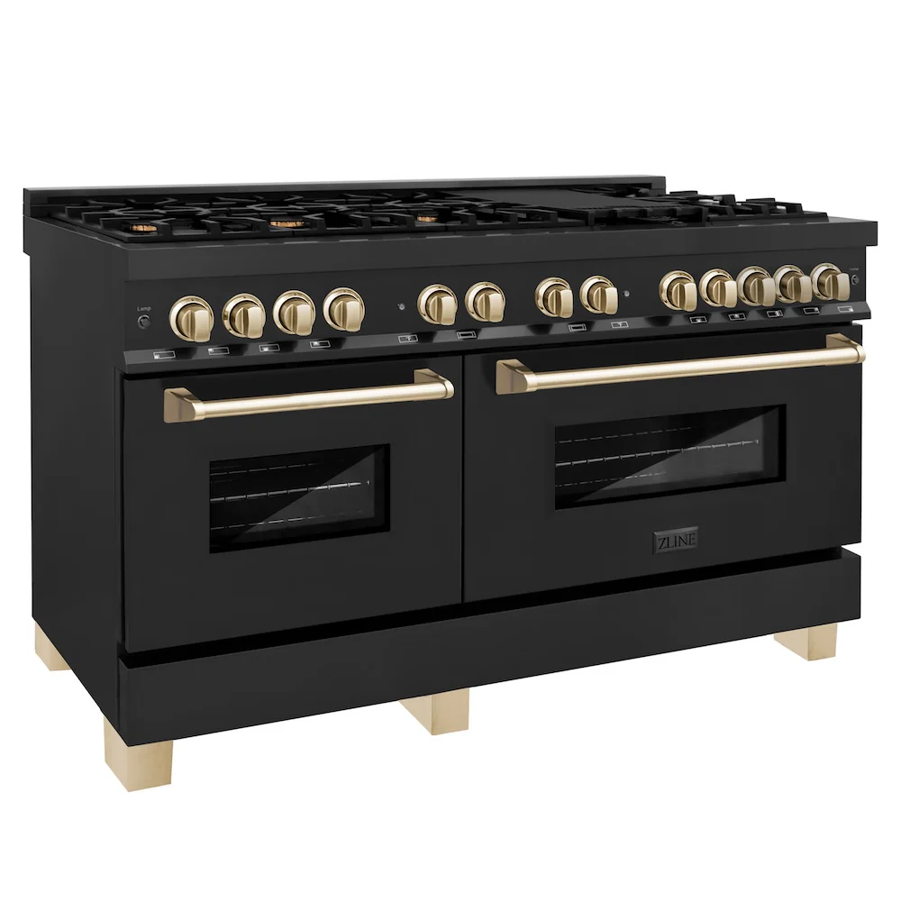 ZLINE Autograph Edition 60 in. 7.4 cu. ft. Legacy Dual Fuel Range with 9 Burner Gas Cooktop and 2 Electric Convection Ovens in Black Stainless Steel and Polished Gold Accents, Open Box-Great Condition