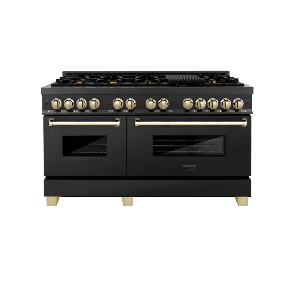 ZLINE Autograph Edition 60 in. 7.4 cu. ft. Legacy Dual Fuel Range with 9 Burner Gas Cooktop and 2 Electric Convection Ovens in Black Stainless Steel and Polished Gold Accents, Open Box-Great Condition - Image 4