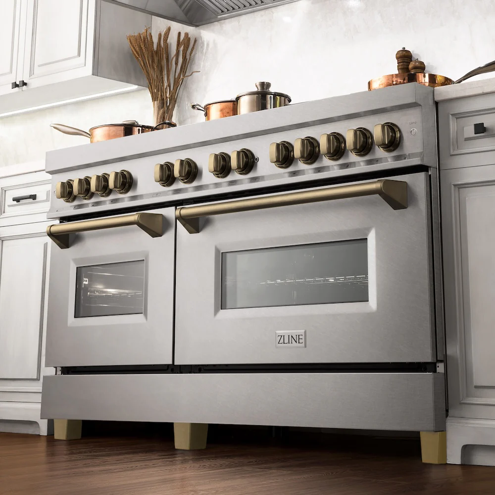 ZLINE Autograph Edition 60 in. 7.4 cu. ft. Legacy Dual Fuel Range with 9 Burner Gas Cooktop and 2 Electric Convection Ovens in Satin Stainless Steel and Champagne Bronze Accents, Open Box-Great Condition - Image 2