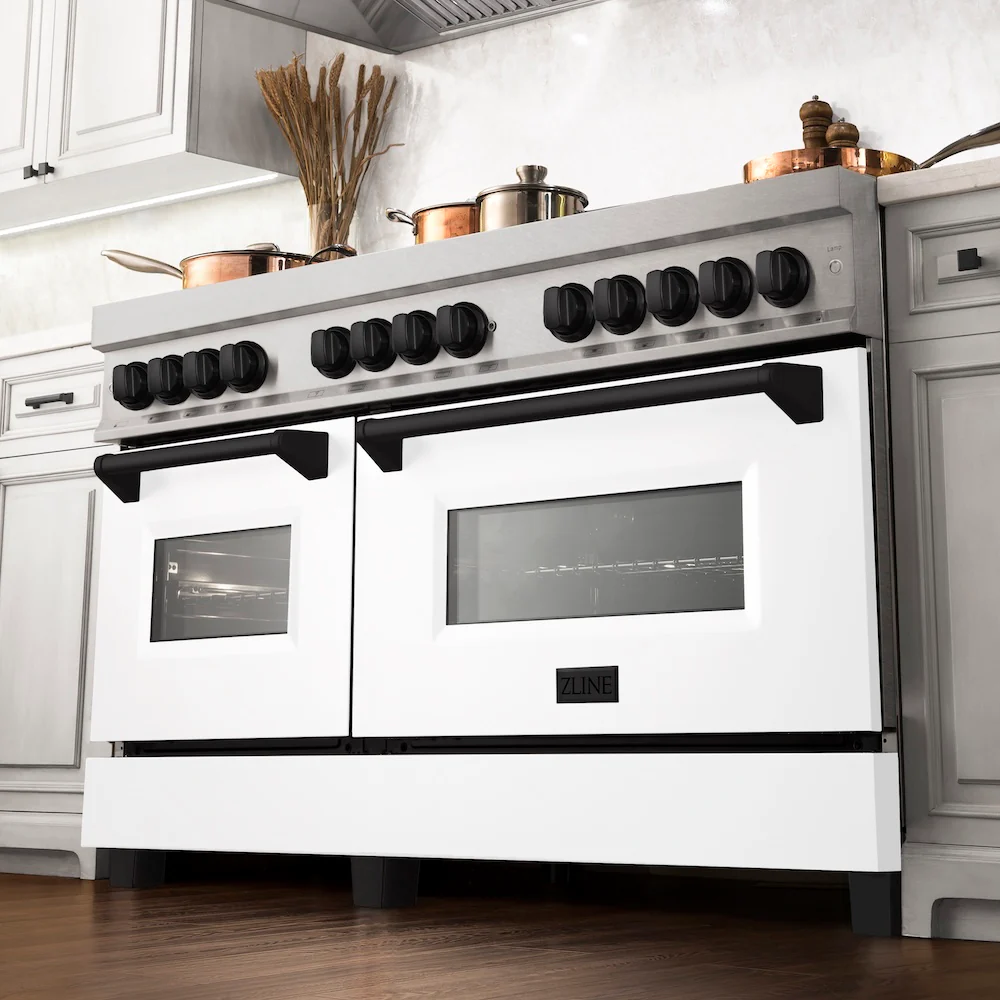 ZLINE Autograph Edition 60 in. 7.4 cu. ft. Legacy Dual Fuel Range with 9 Burner Gas Cooktop and 2 Electric Convection Ovens in Satin Stainless Steel with White Matte Doors and Matte Black Accents, Open Box-Great Condition - Image 2