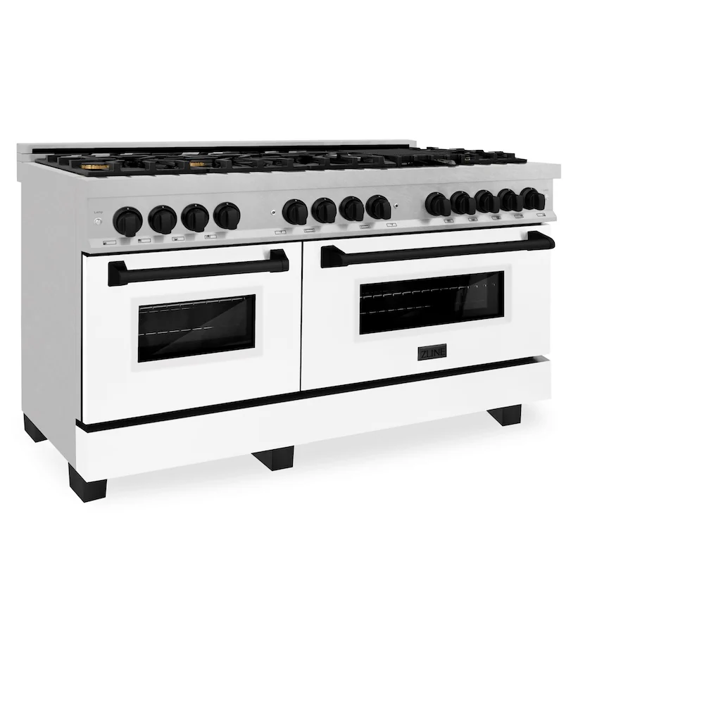 ZLINE Autograph Edition 60 in. 7.4 cu. ft. Legacy Dual Fuel Range with 9 Burner Gas Cooktop and 2 Electric Convection Ovens in Satin Stainless Steel with White Matte Doors and Matte Black Accents, Open Box-Great Condition - Image 5