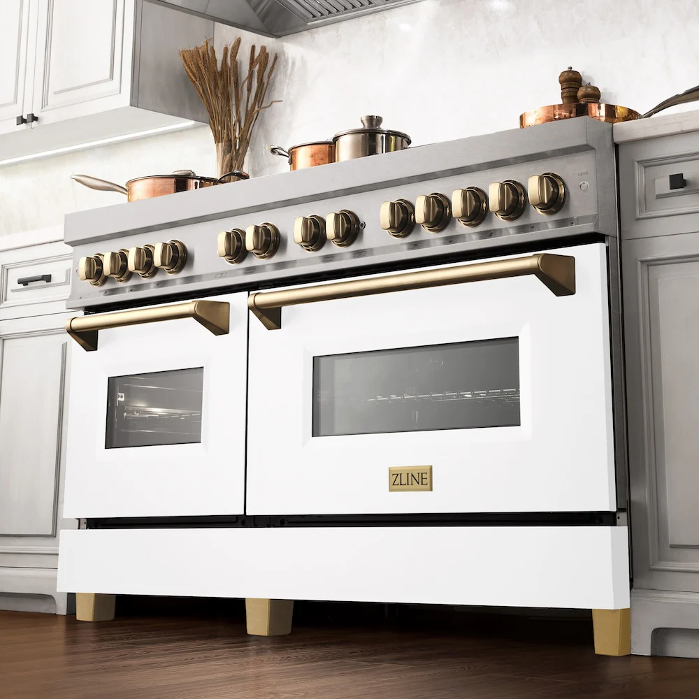 ZLINE Autograph Edition 60 in. 7.4 cu. ft. Legacy Dual Fuel Range with 9 Burner Gas Cooktop and 2 Electric Convection Ovens in Satin Stainless Steel with White Matte Doors and Polished Gold Accents, Open Box-Great Condition - Image 3