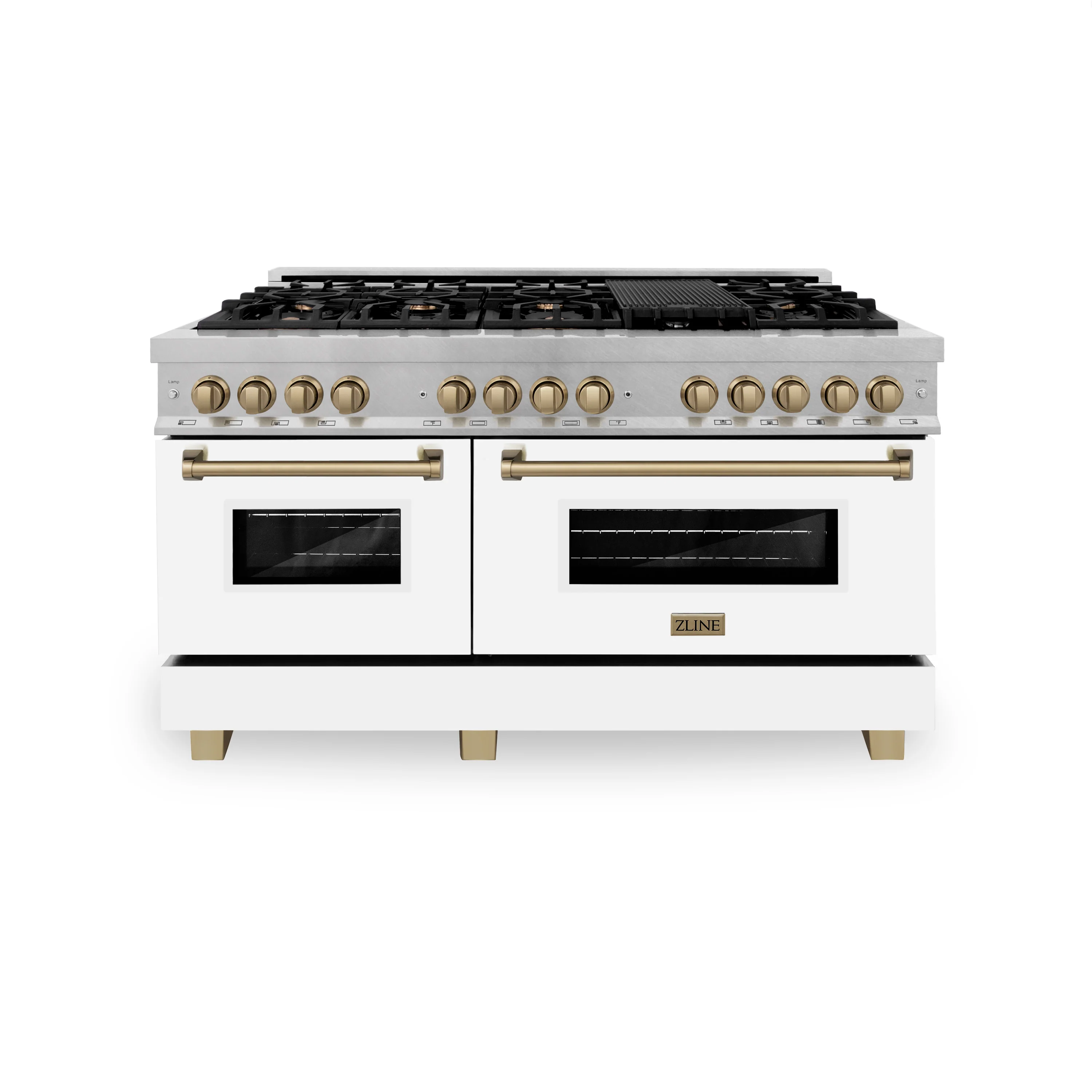 ZLINE Autograph Edition 60 in. 7.4 cu. ft. Legacy Dual Fuel Range with 9 Burner Gas Cooktop and 2 Electric Convection Ovens in Satin Stainless Steel with White Matte Doors and Champagne Bronze Accents (RASZ-WM-60-CB) - Image 4