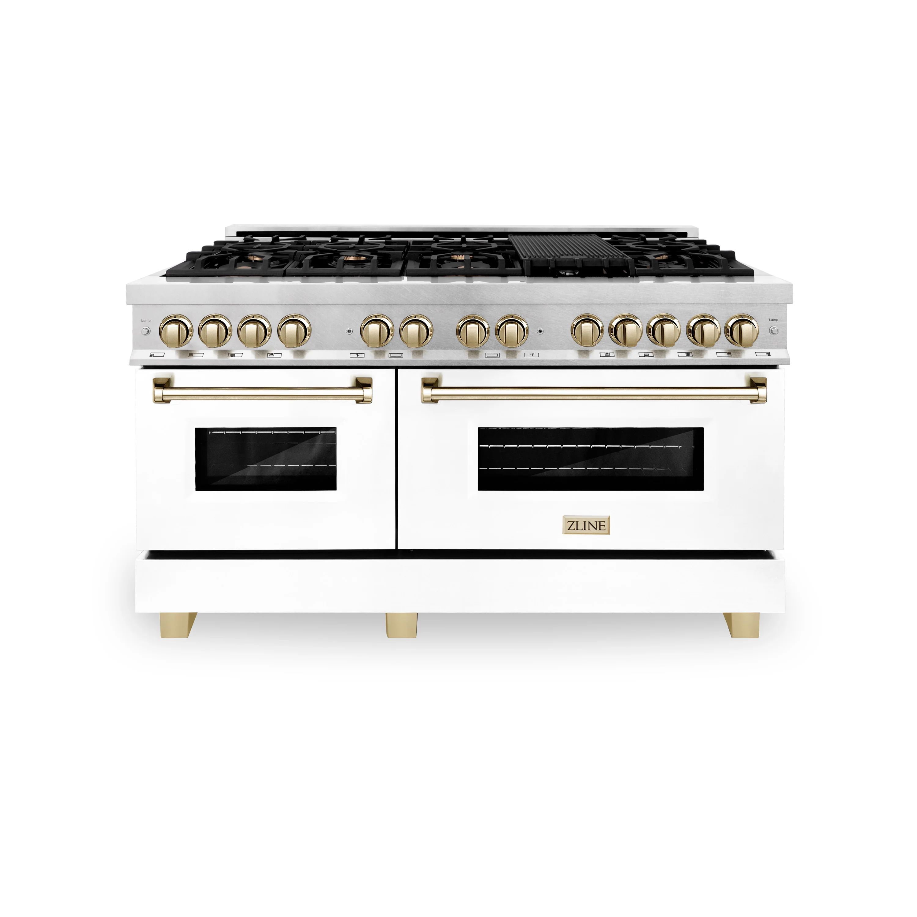 ZLINE Autograph Edition 60 in. 7.4 cu. ft. Legacy Dual Fuel Range with 9 Burner Gas Cooktop and 2 Electric Convection Ovens in Satin Stainless Steel with White Matte Doors and Polished Gold Accents (RASZ-WM-60-G) - Image 3
