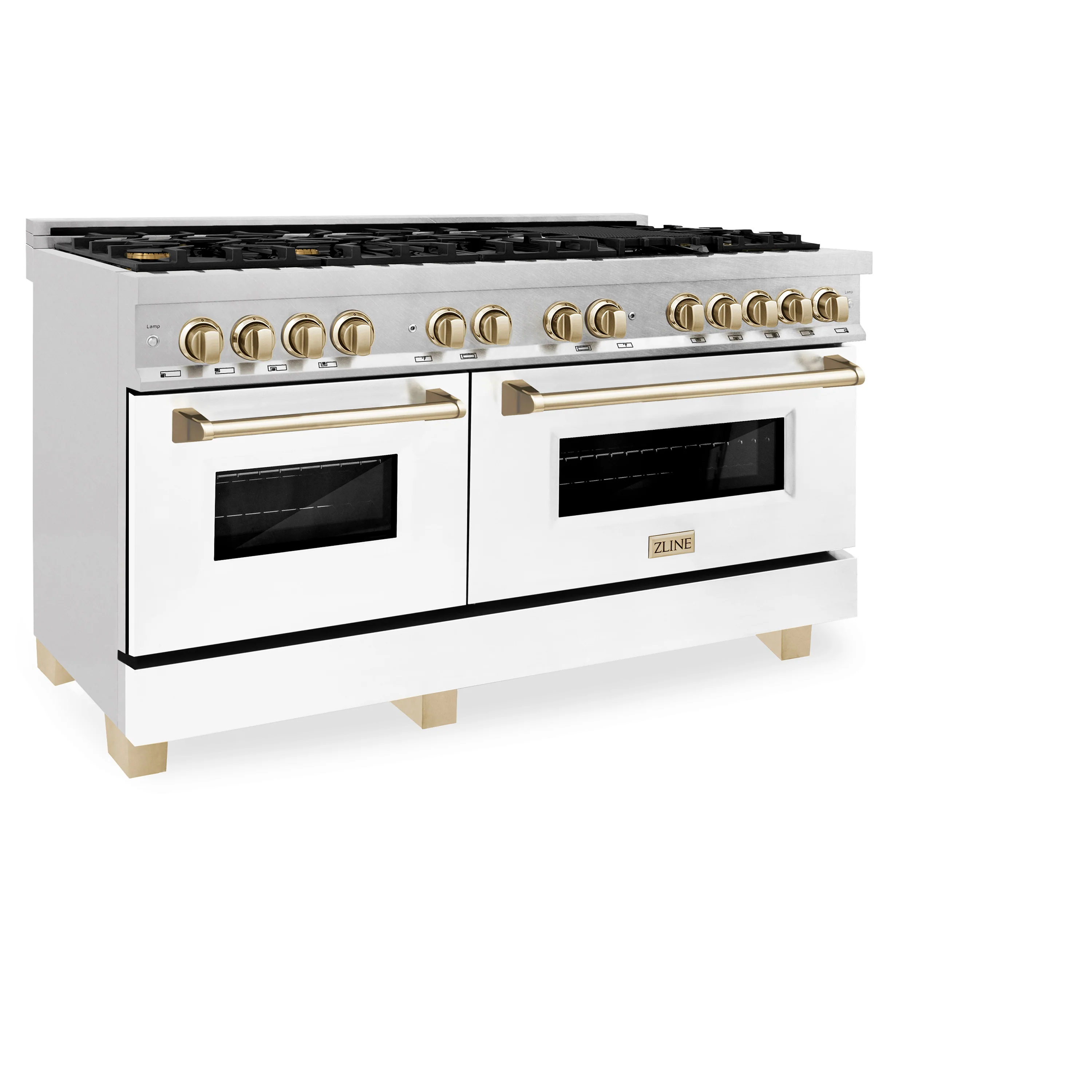ZLINE Autograph Edition 60 in. 7.4 cu. ft. Legacy Dual Fuel Range with 9 Burner Gas Cooktop and 2 Electric Convection Ovens in Satin Stainless Steel with White Matte Doors and Polished Gold Accents (RASZ-WM-60-G) - Image 4