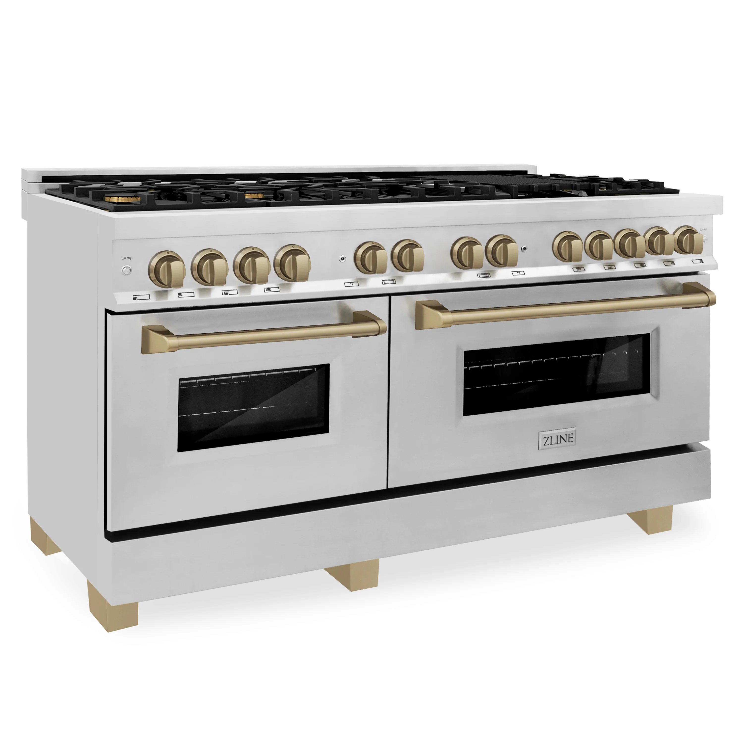 ZLINE Autograph Edition 60 in. 7.4 cu. ft. Legacy Dual Fuel Range with 9 Burner Gas Cooktop and 2 Electric Convection Ovens in Stainless Steel and Champagne Bronze Accents (RAZ-60-CB) - Image 3