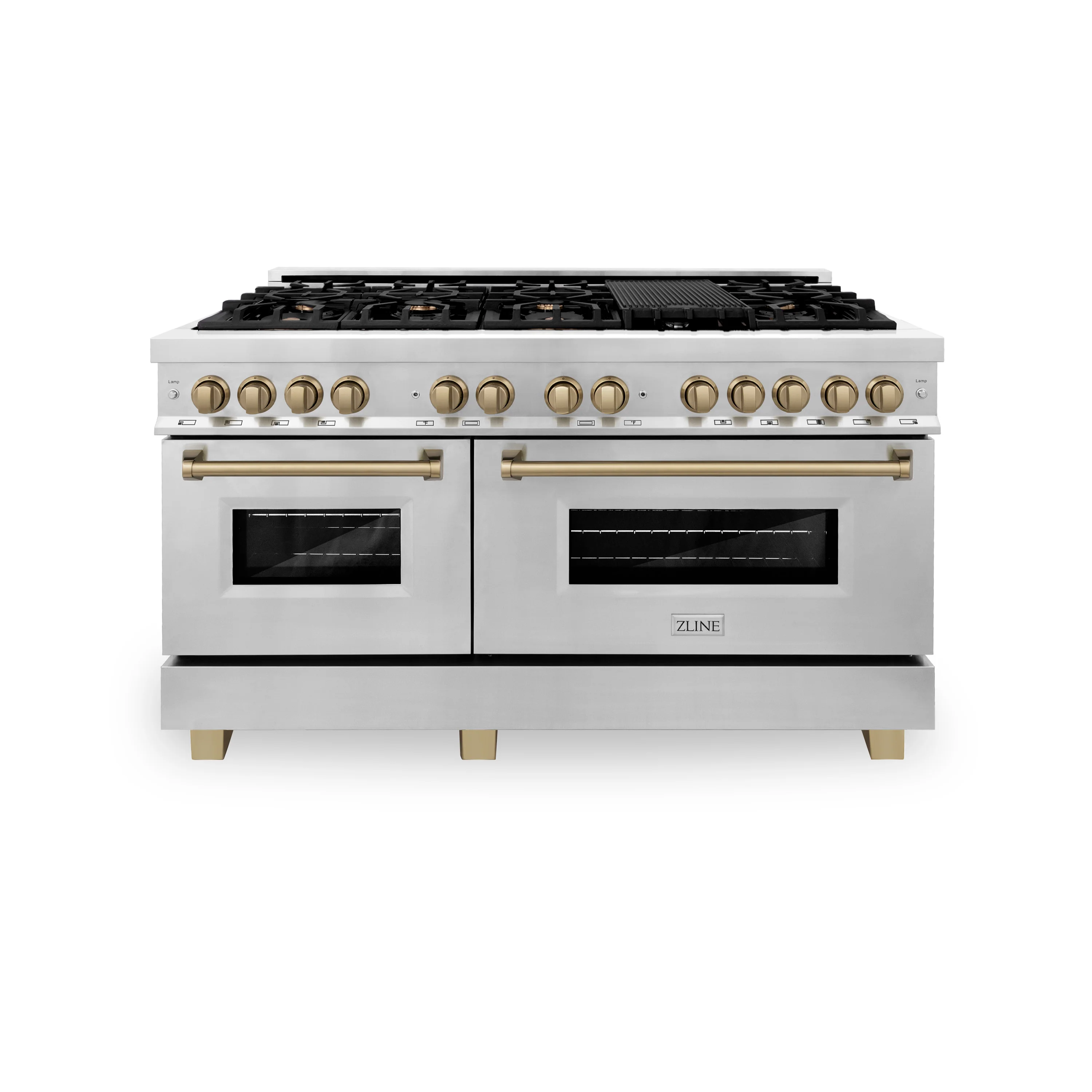 ZLINE Autograph Edition 60 in. 7.4 cu. ft. Legacy Dual Fuel Range with 9 Burner Gas Cooktop and 2 Electric Convection Ovens in Stainless Steel and Champagne Bronze Accents (RAZ-60-CB) - Image 4