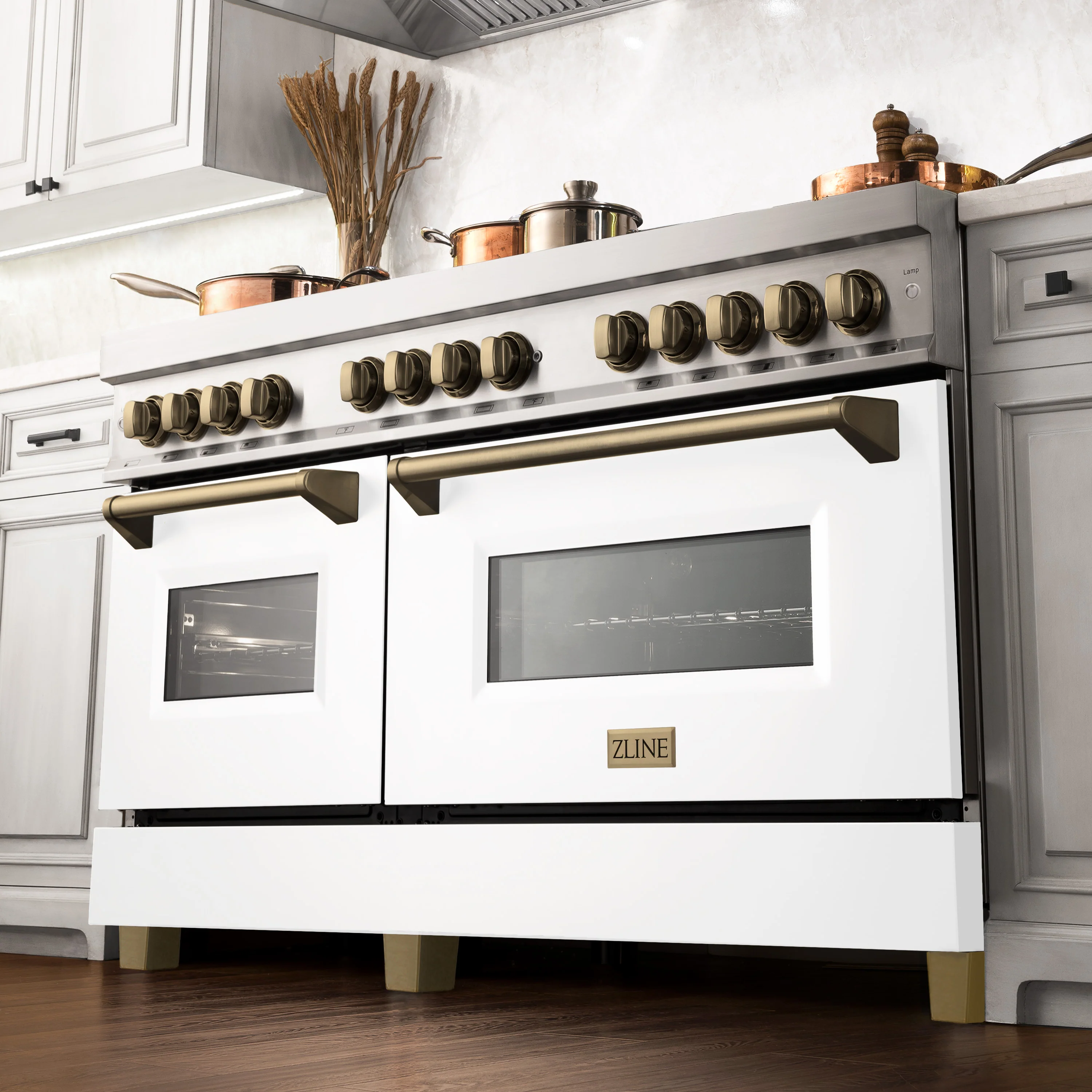 ZLINE Autograph Edition 60 in. 7.4 cu. ft. Legacy Dual Fuel Range with 9 Burner Gas Cooktop and 2 Electric Convection Ovens in Stainless Steel with White Matte Doors and Champagne Bronze Accents (RAZ-WM-60-CB) - Image 2
