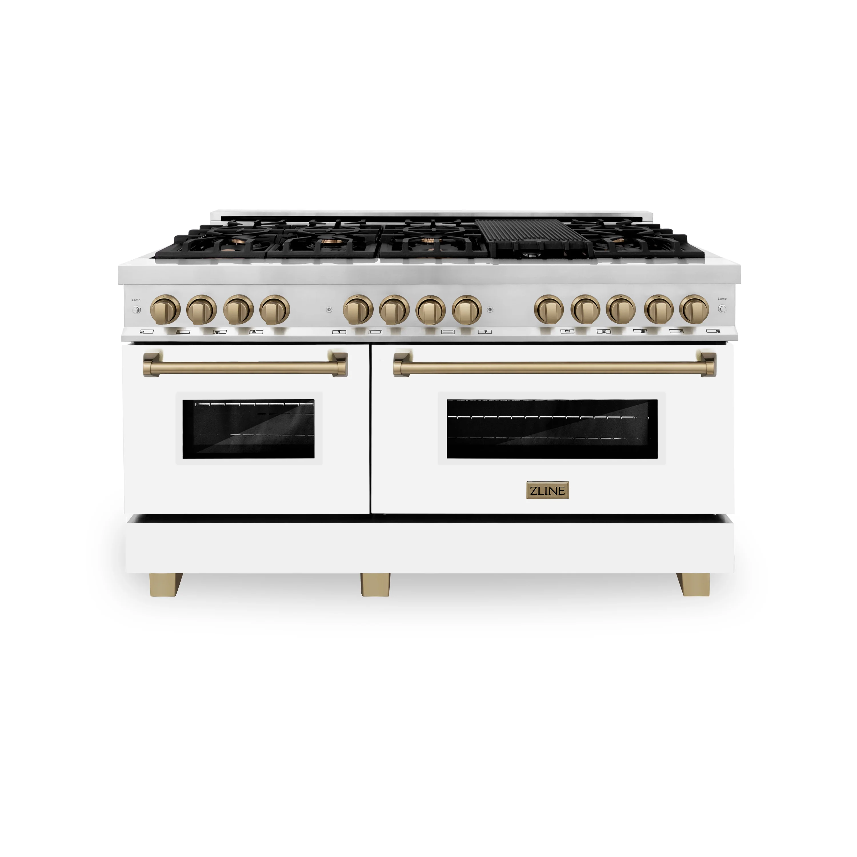 ZLINE Autograph Edition 60 in. 7.4 cu. ft. Legacy Dual Fuel Range with 9 Burner Gas Cooktop and 2 Electric Convection Ovens in Stainless Steel with White Matte Doors and Champagne Bronze Accents (RAZ-WM-60-CB) - Image 4